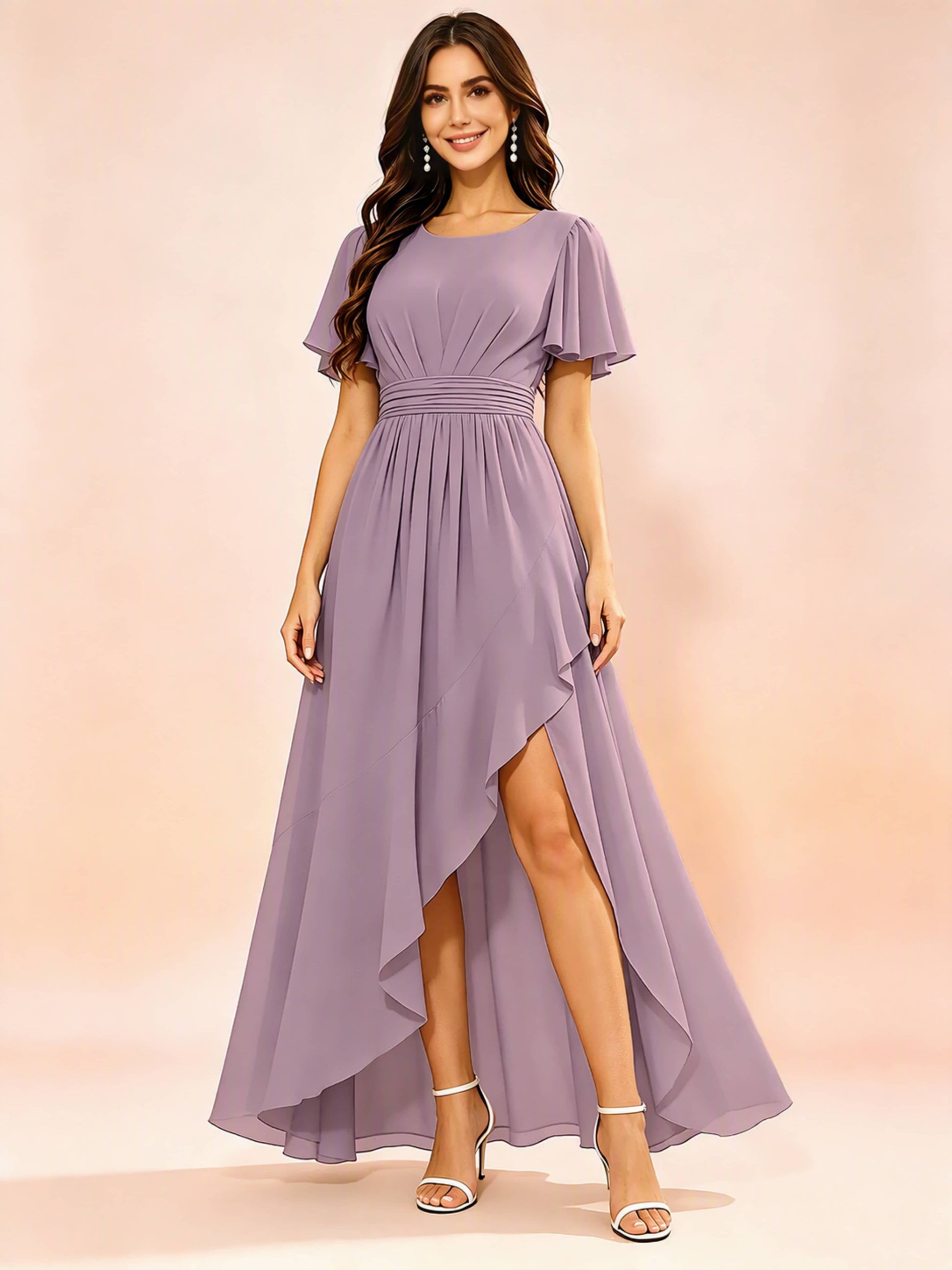 Chiffon High Low Round Neck Bridesmaid / Wedding Guest Dresses