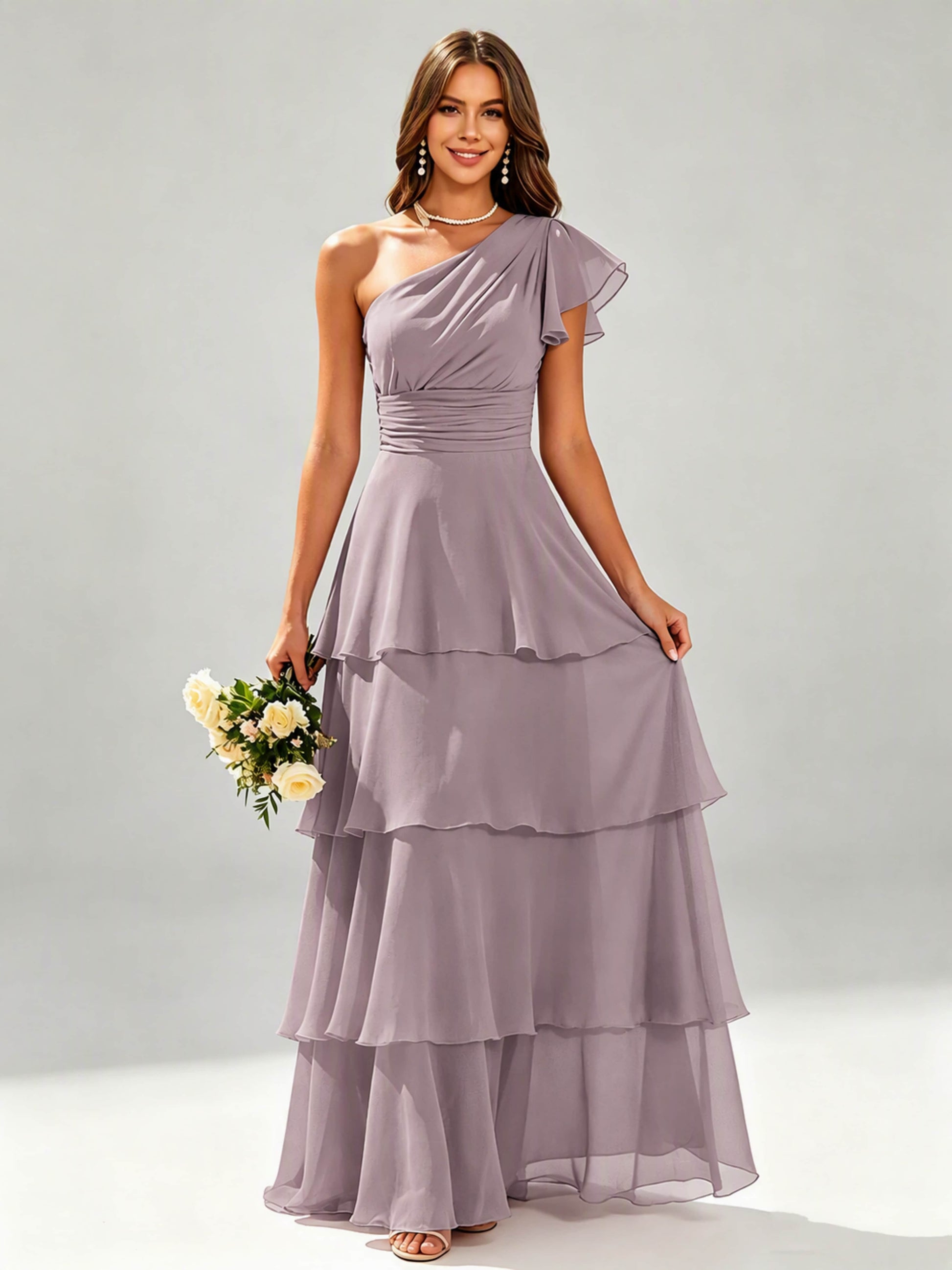 One Shoulder Ruffle Tiered Chiffon Bridesmaid Dress for Wedding