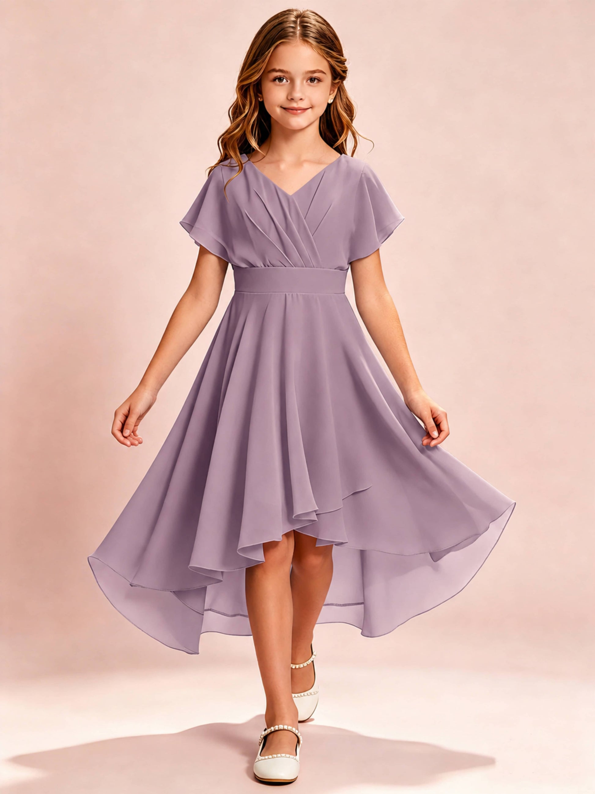 Chiffon High Low Cap Sleeve Junior Bridesmaid Dress for Wedding