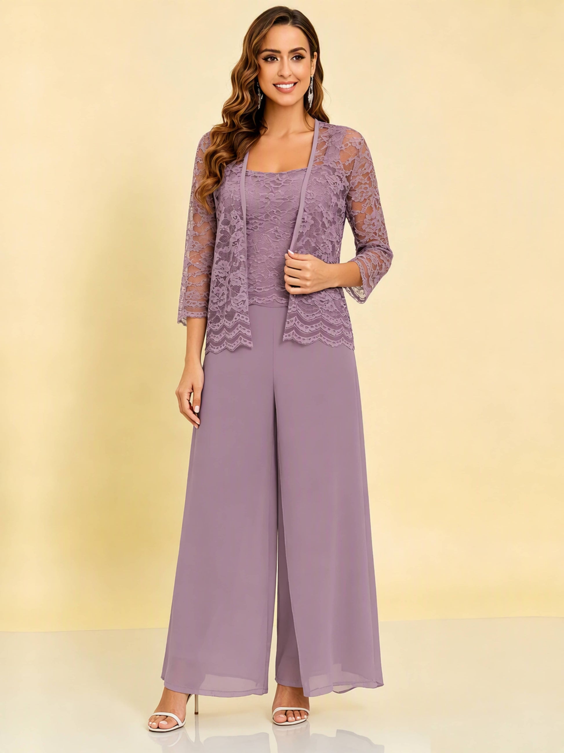 Chiffon Lace Flowy 3 Pieces Mother of The Bride Pant Suits Women Wedding