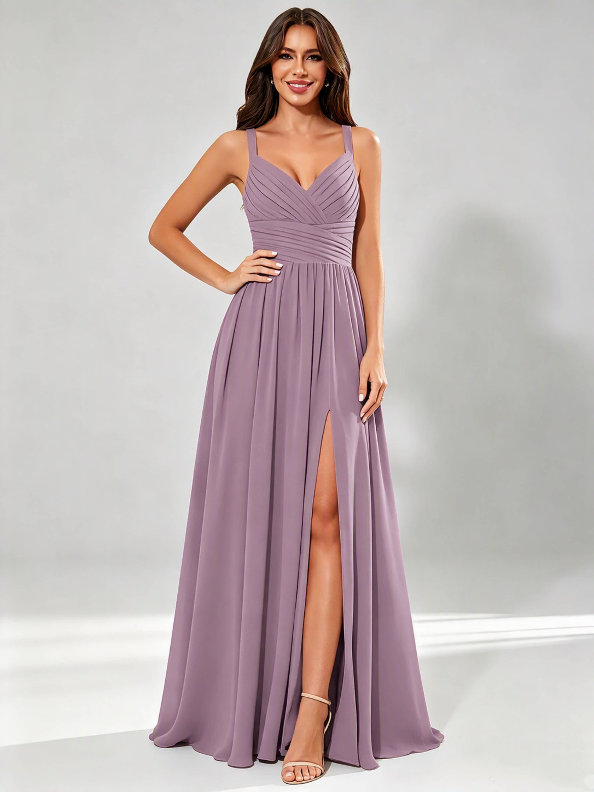 Spaghetti Straps Chiffon Ruched Bust Pleated Bridesmaid Dress for Wedding
