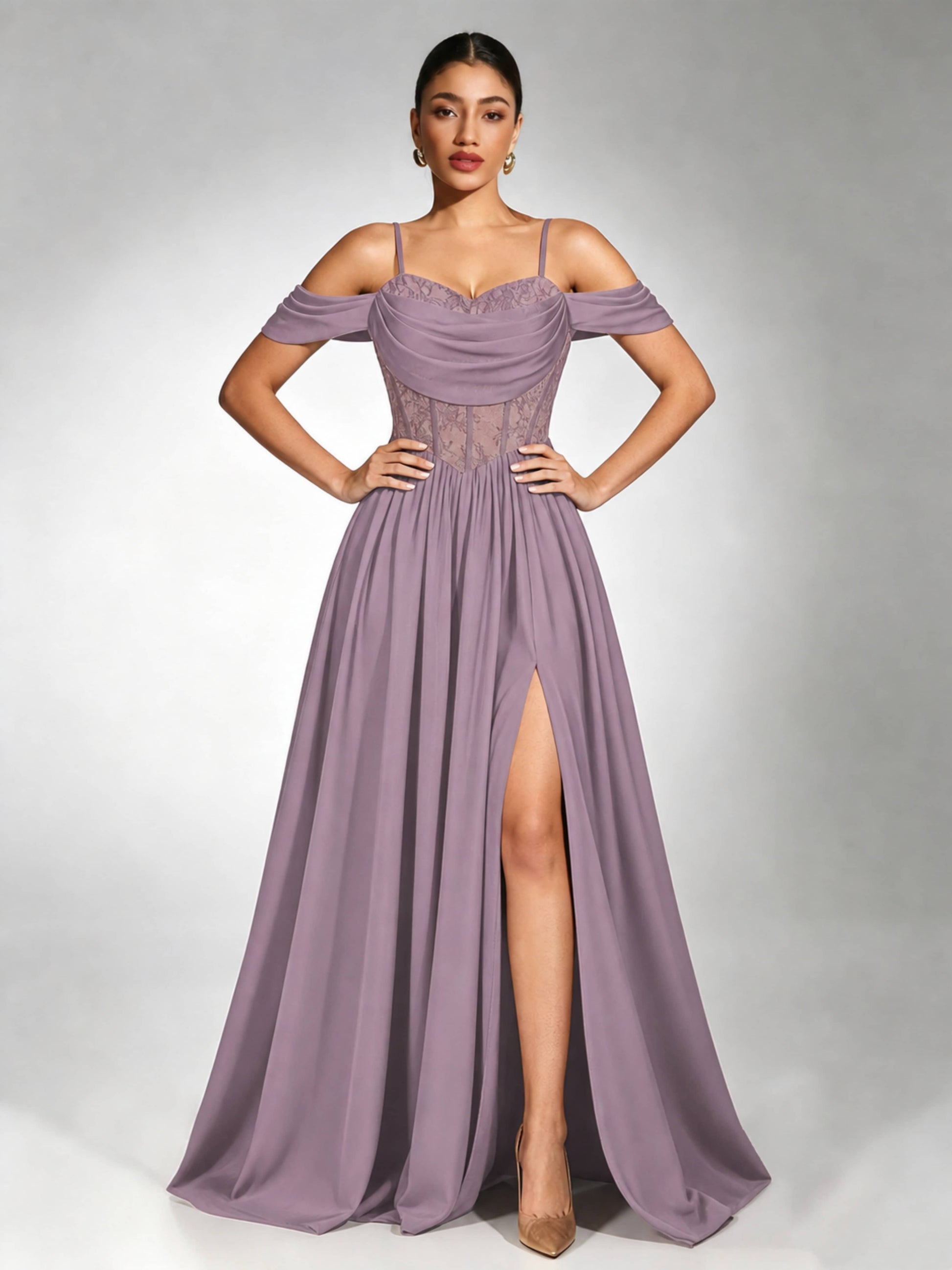 Off Shoulder Chiffon Lace Prom Dress for Teens