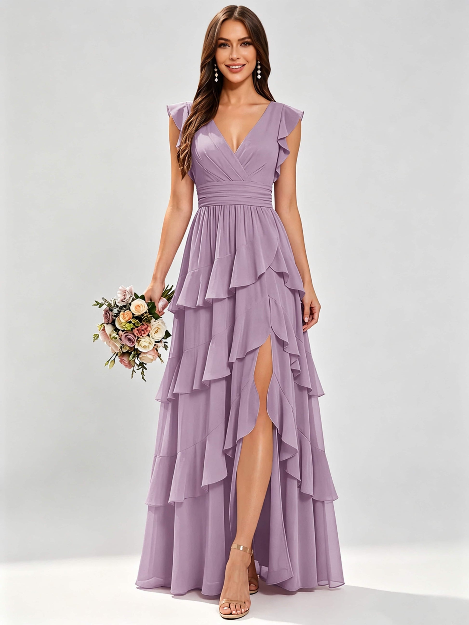 Ruffle Sleeve Tiered Chiffon Bridesmaid Dresses for Wedding with Slit