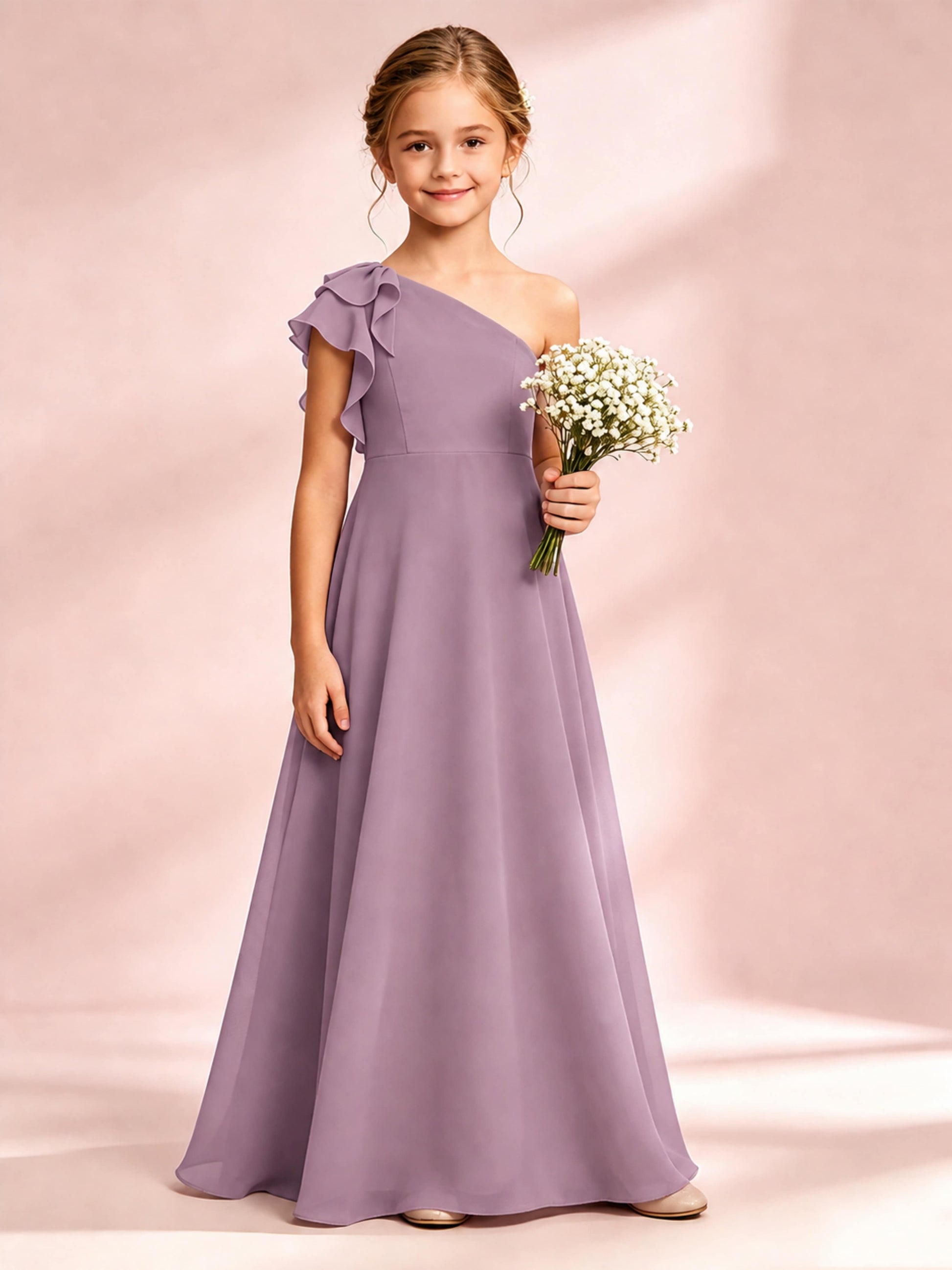Chiffon Junior Bridesmaid Dress for Wedding One Shoulder Flower Girl Dresses