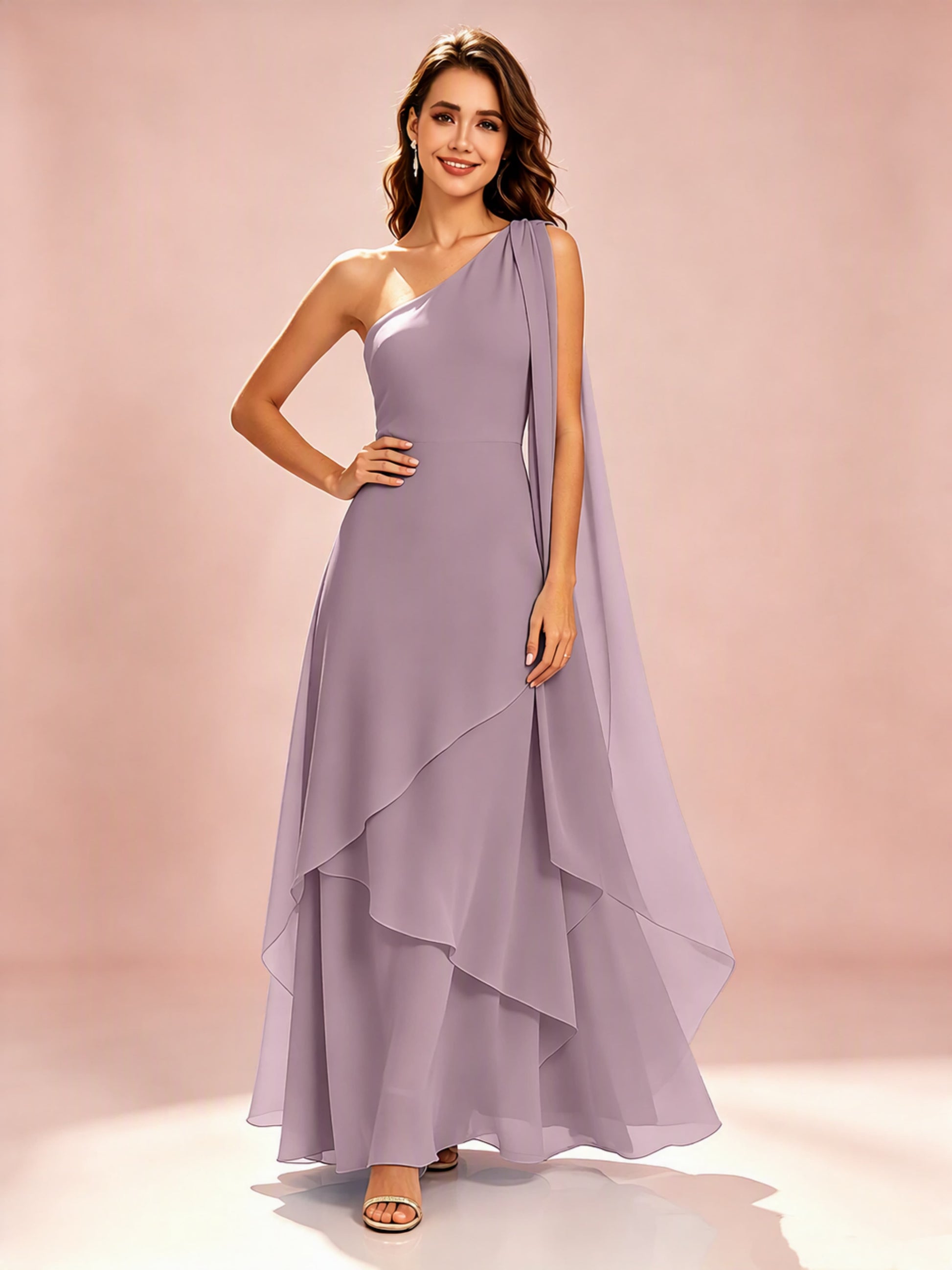 One Shoulder Chiffon Tiered Layered Bridesmaid Dresses for Wedding