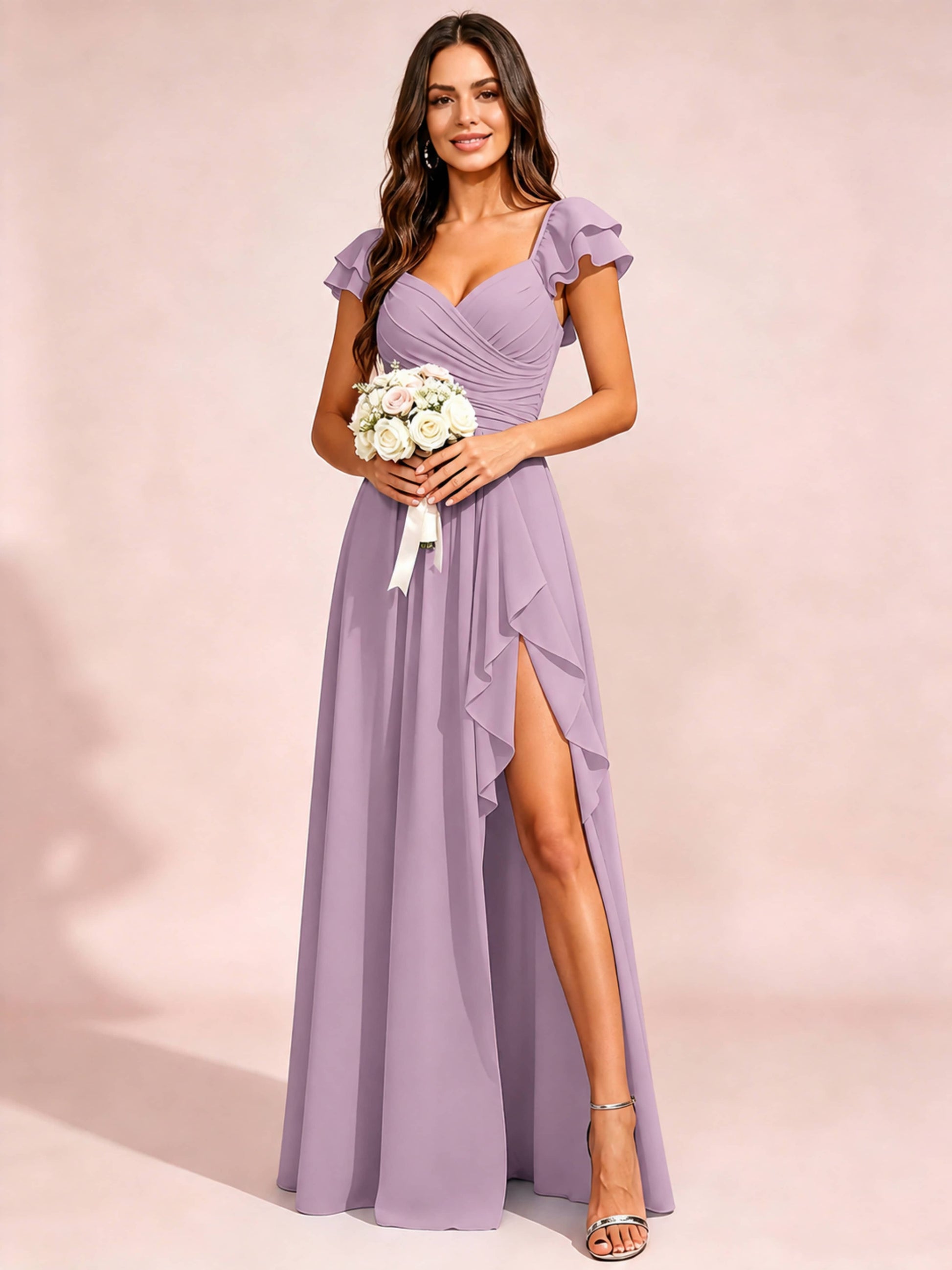 Chiffon Sweetheart Neck Ruched Bust Bridesmaid Dresses with Ruffle Slit