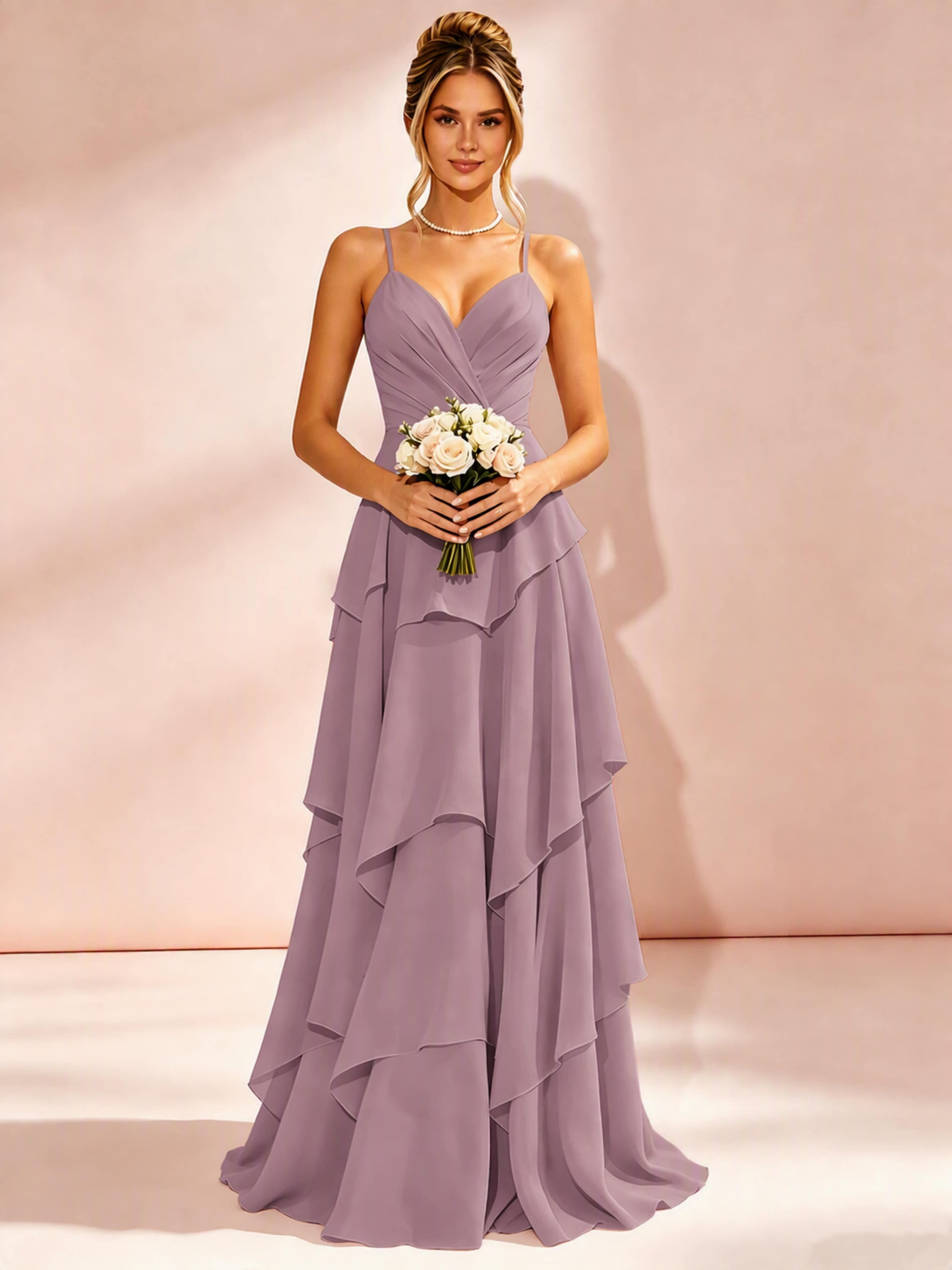 Spaghetti Straps Ruffle Tiered Chiffon Bridesmaid Dress for Wedding