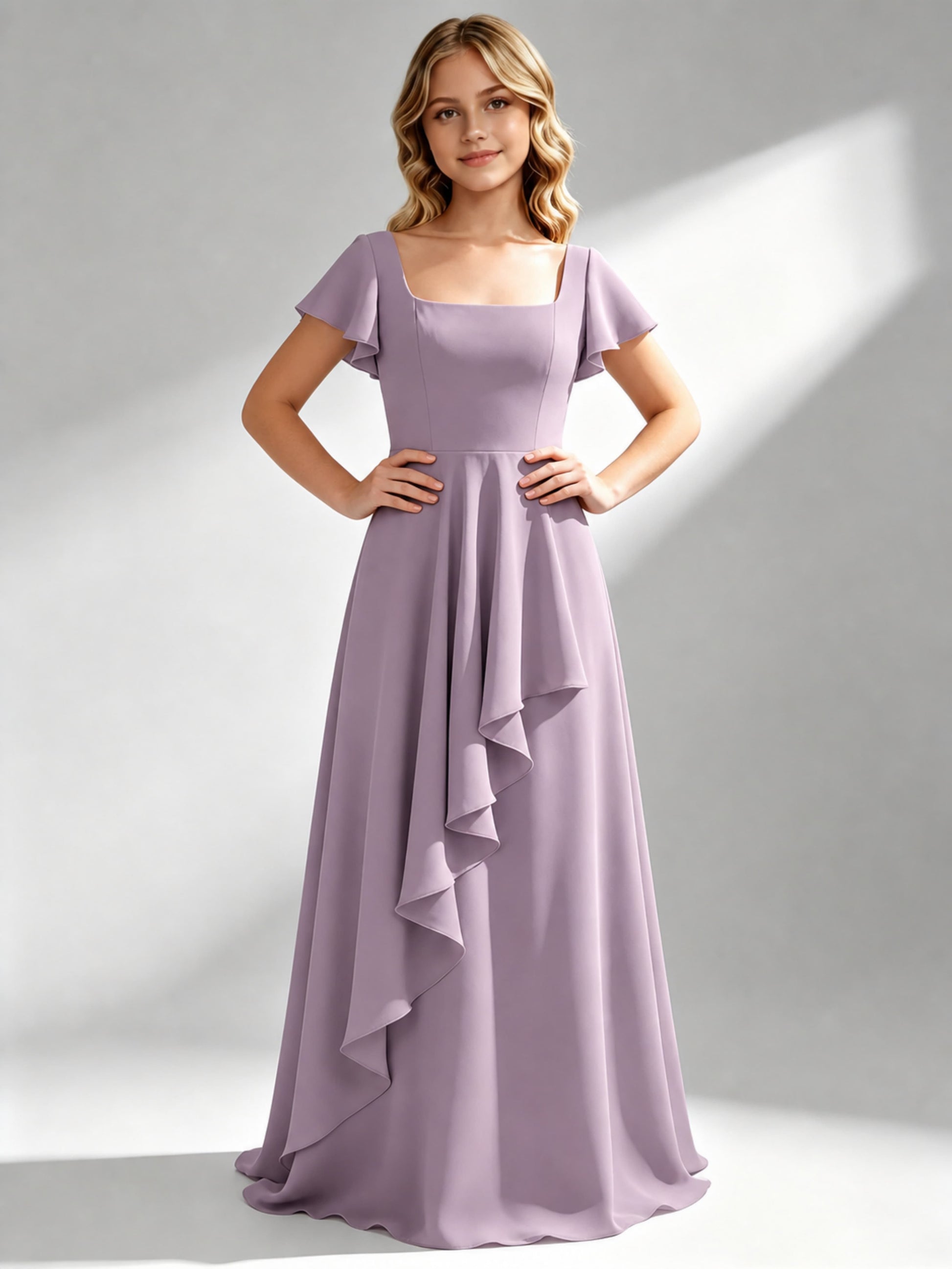 A-Line Square Neck Ruffle Junior Bridesmaid Dresses