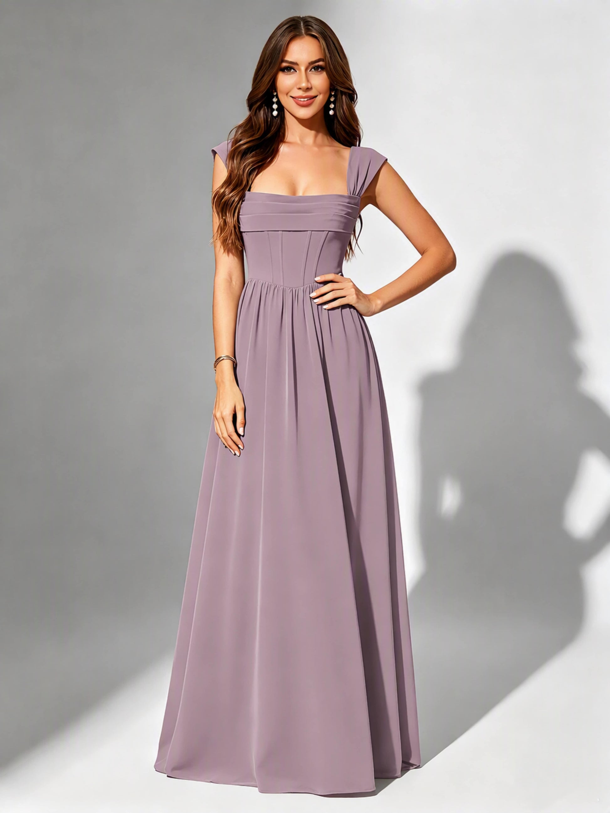 Square Neck Chiffon Bridesmaid Dress Corset Formal Gown