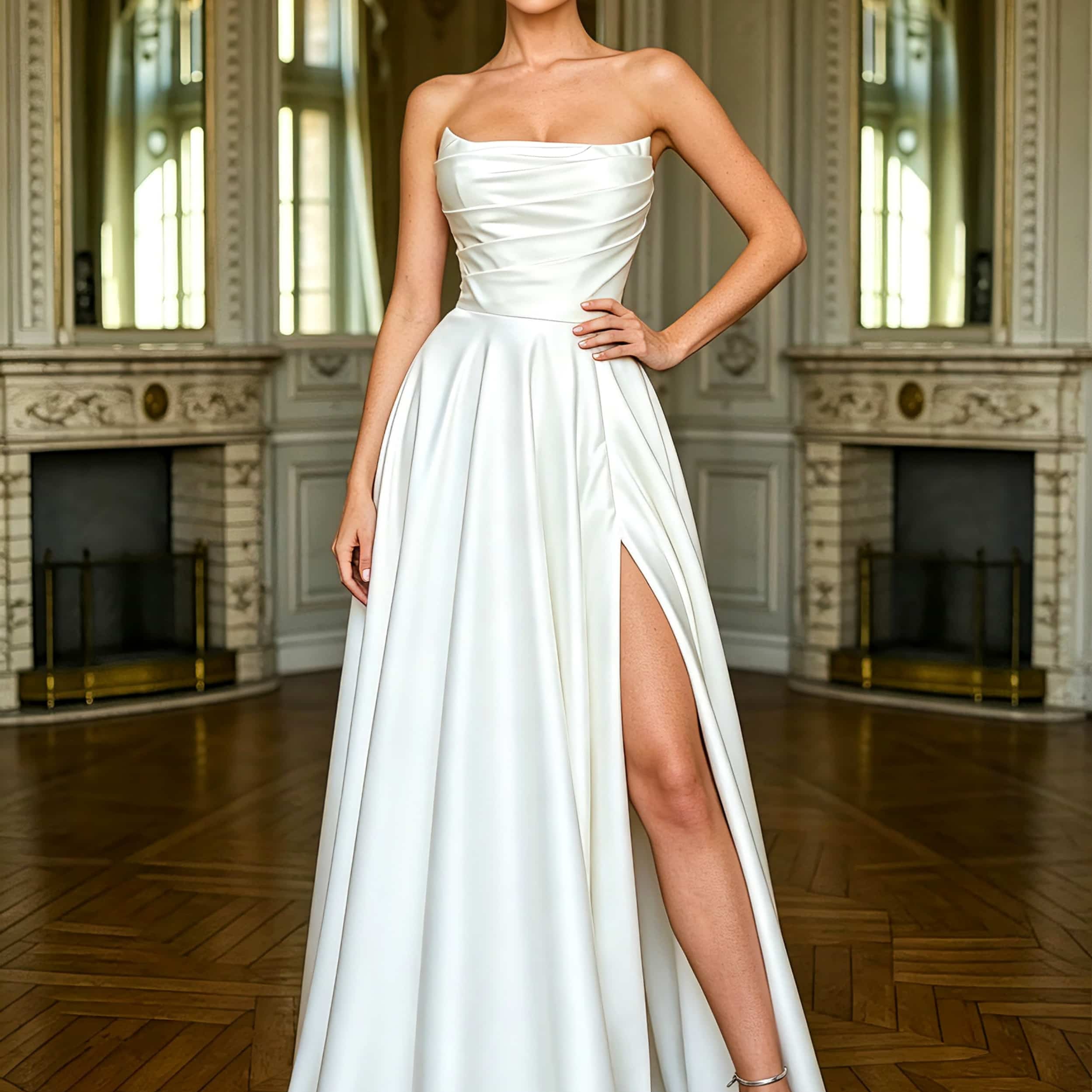 Strapless Satin Wedding Dress Ruched Bust Side Slit