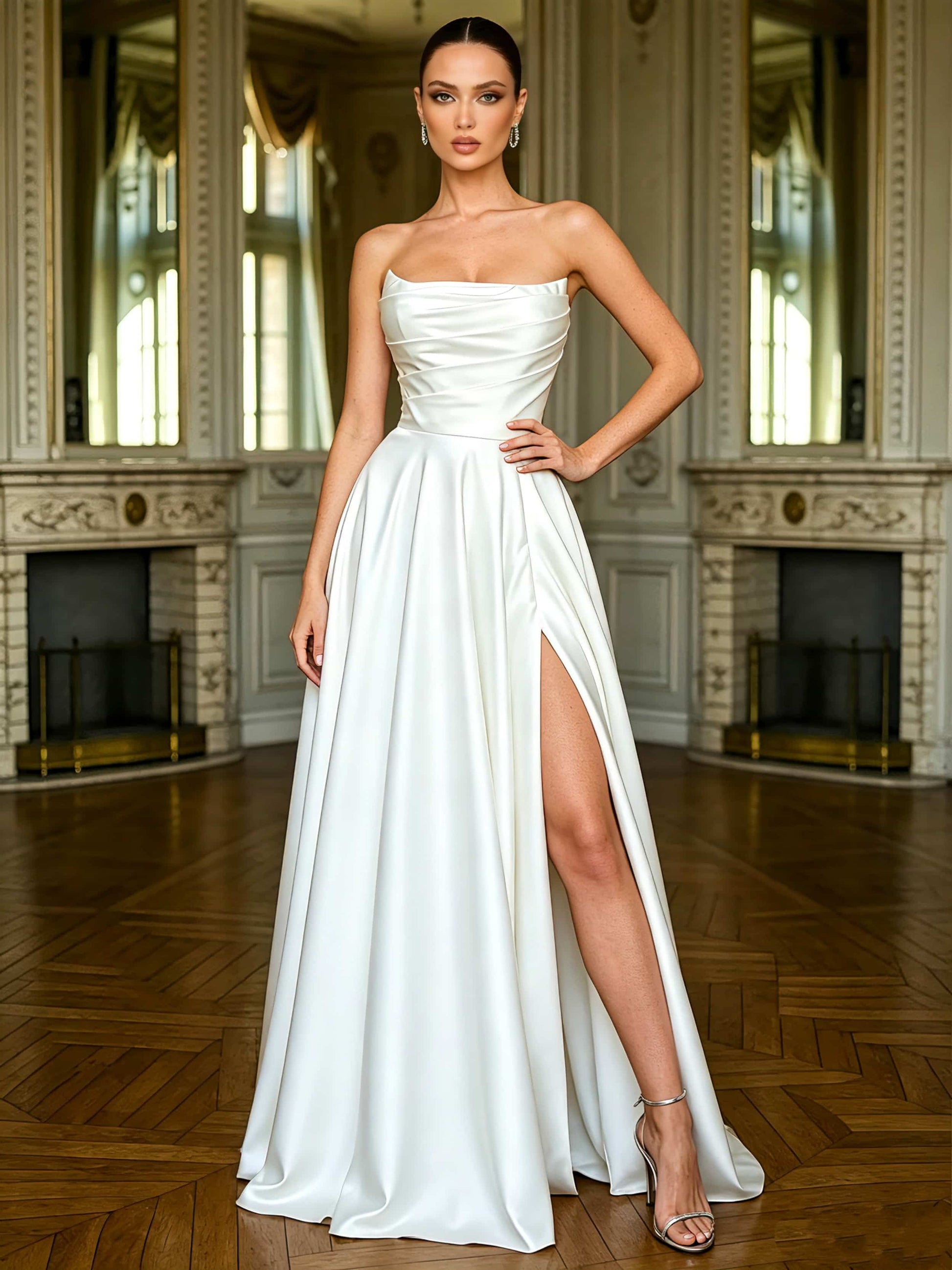 Strapless Satin Wedding Dress Ruched Bust Side Slit