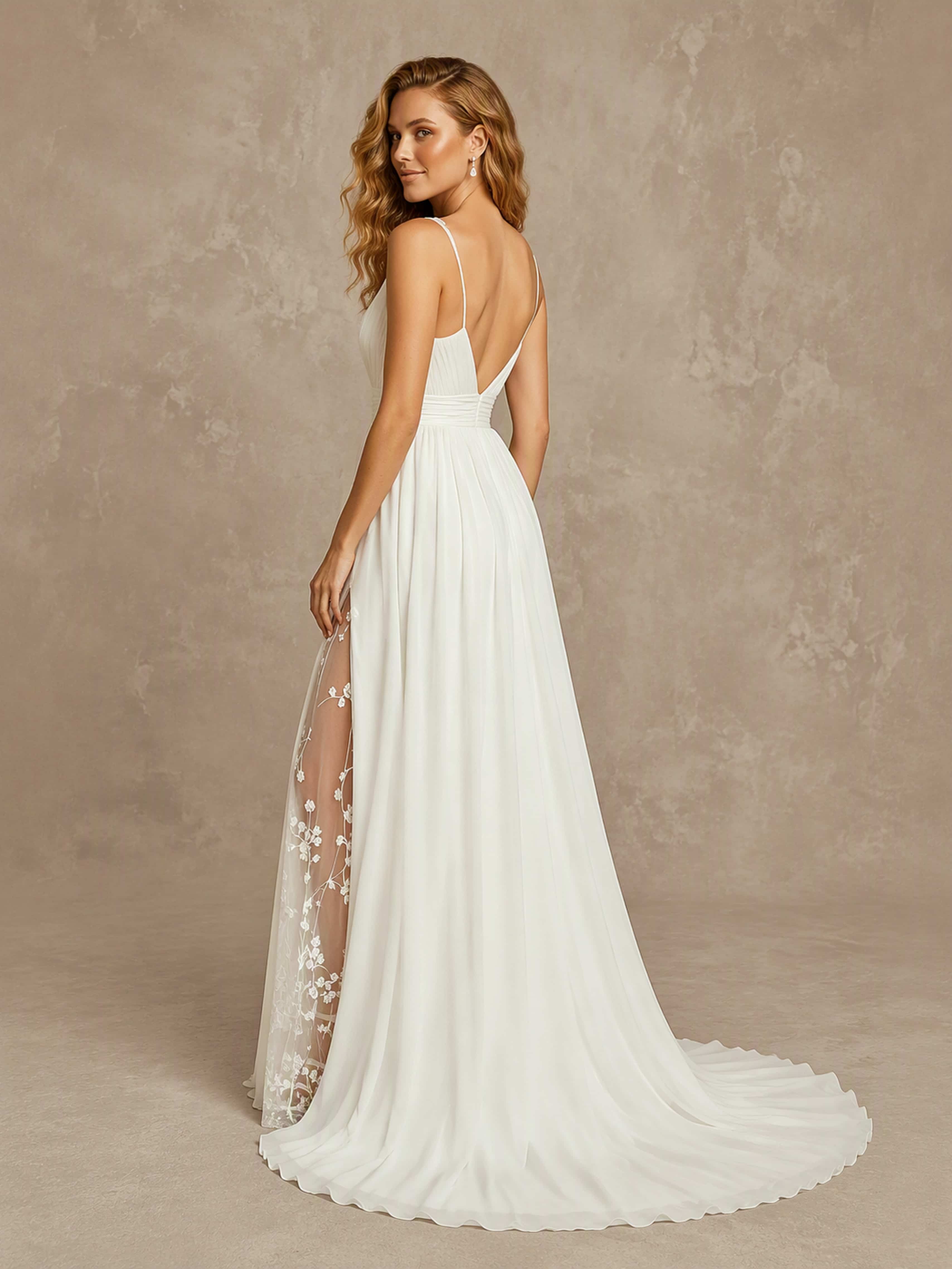 V Neck Spaghetti Straps Chiffon Floral Embroidery Wedding Dress