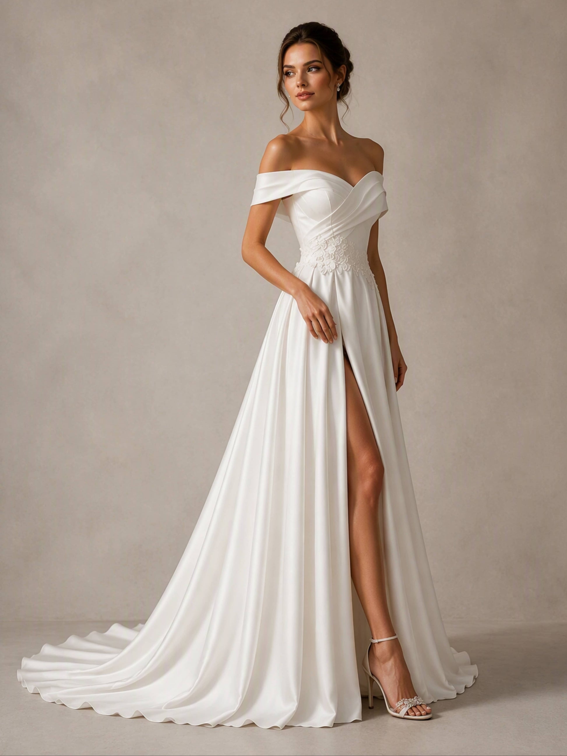 Off The Shoulder Long Satin Wedding Dress Elegant Ball Gown