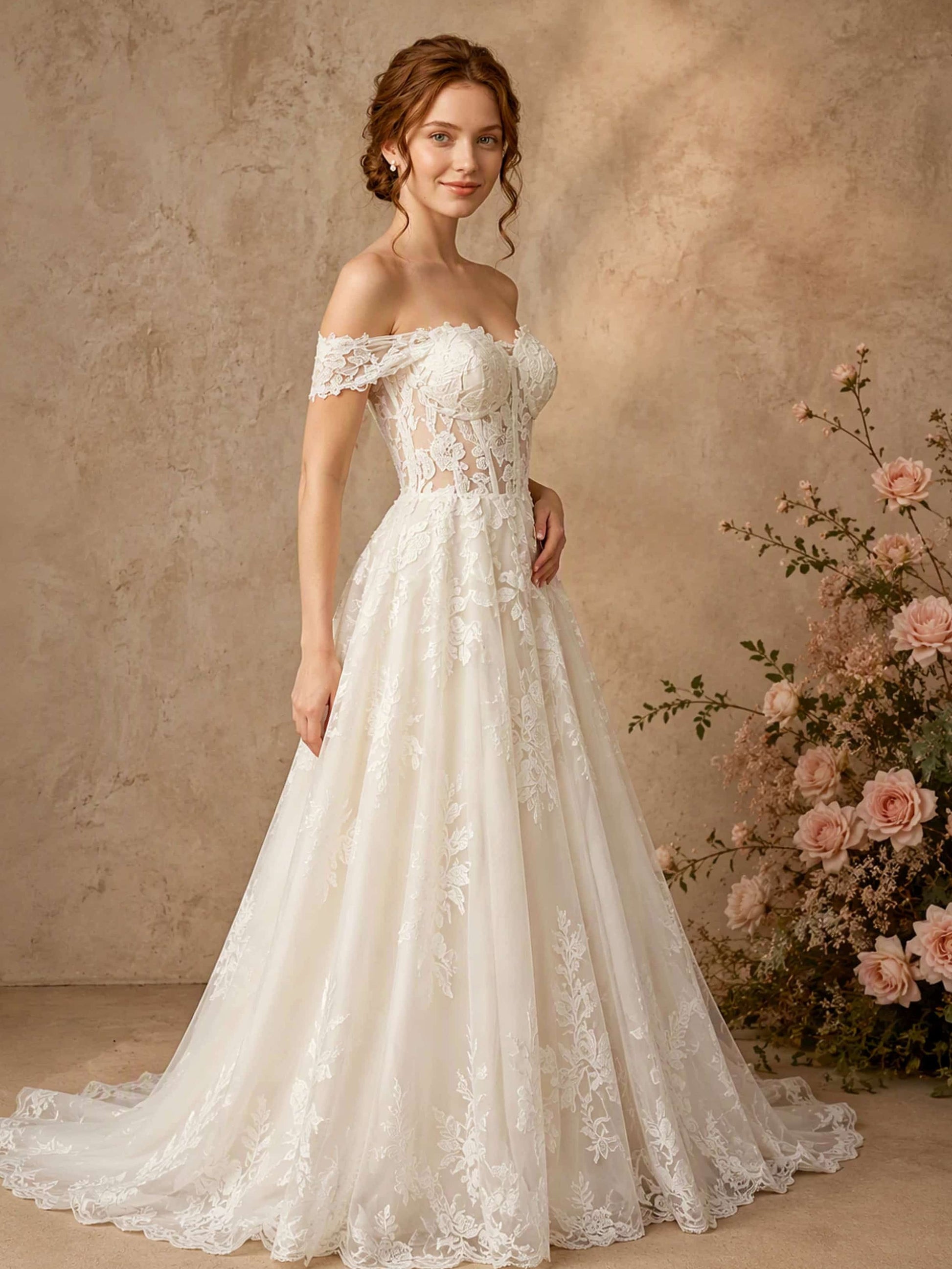 Off Shoulder Lace Long Wedding Dress with Train
