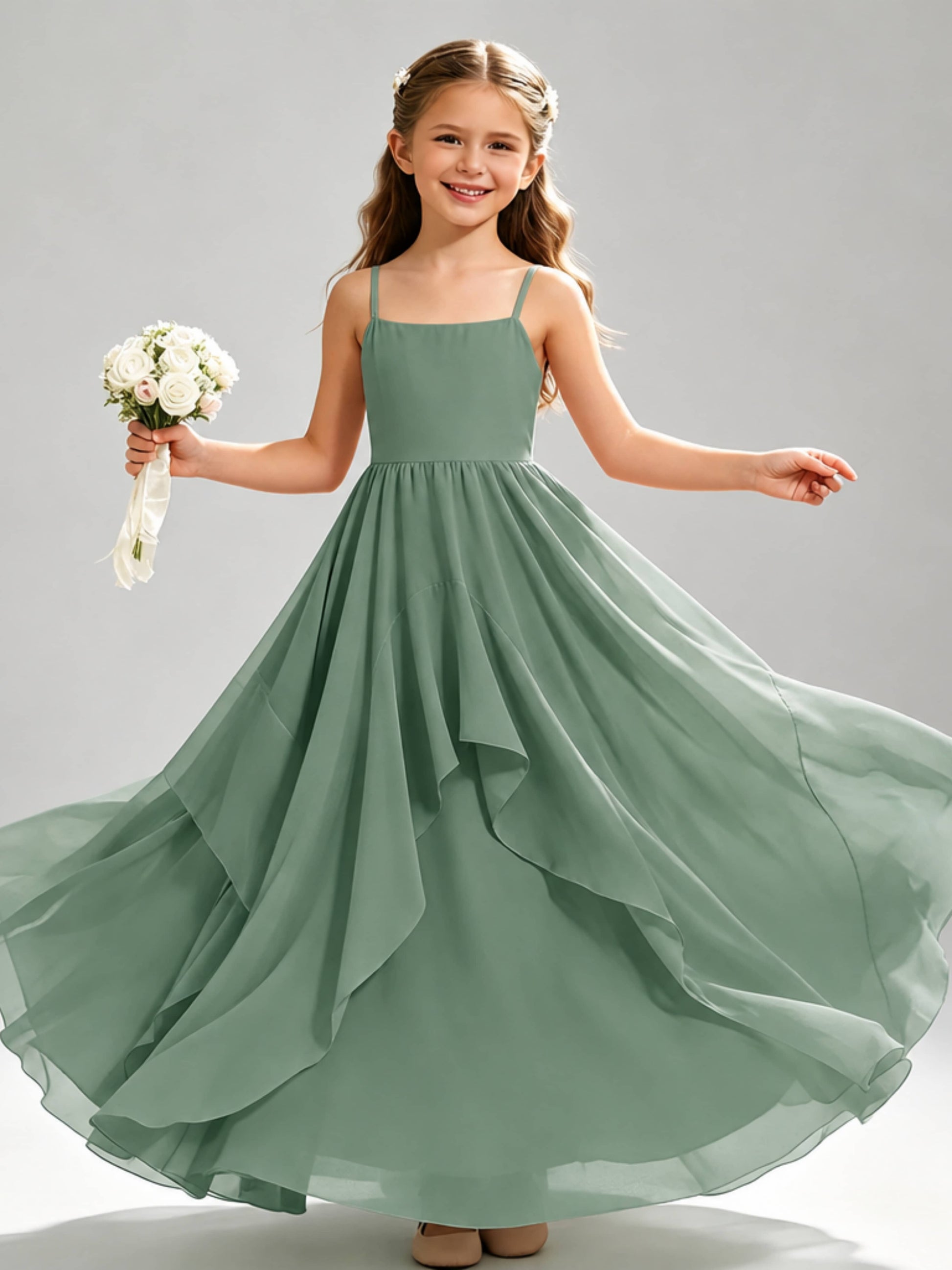 A-Line Spaghetti Straps Ruffle Junior Bridesmaid Dresses