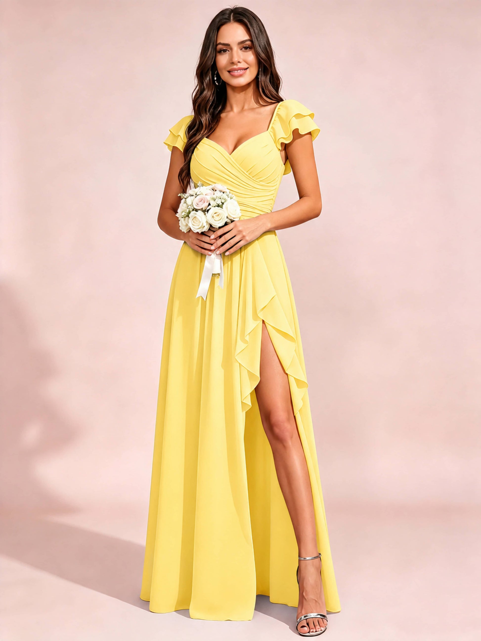 Chiffon Sweetheart Neck Ruched Bust Bridesmaid Dresses with Ruffle Slit