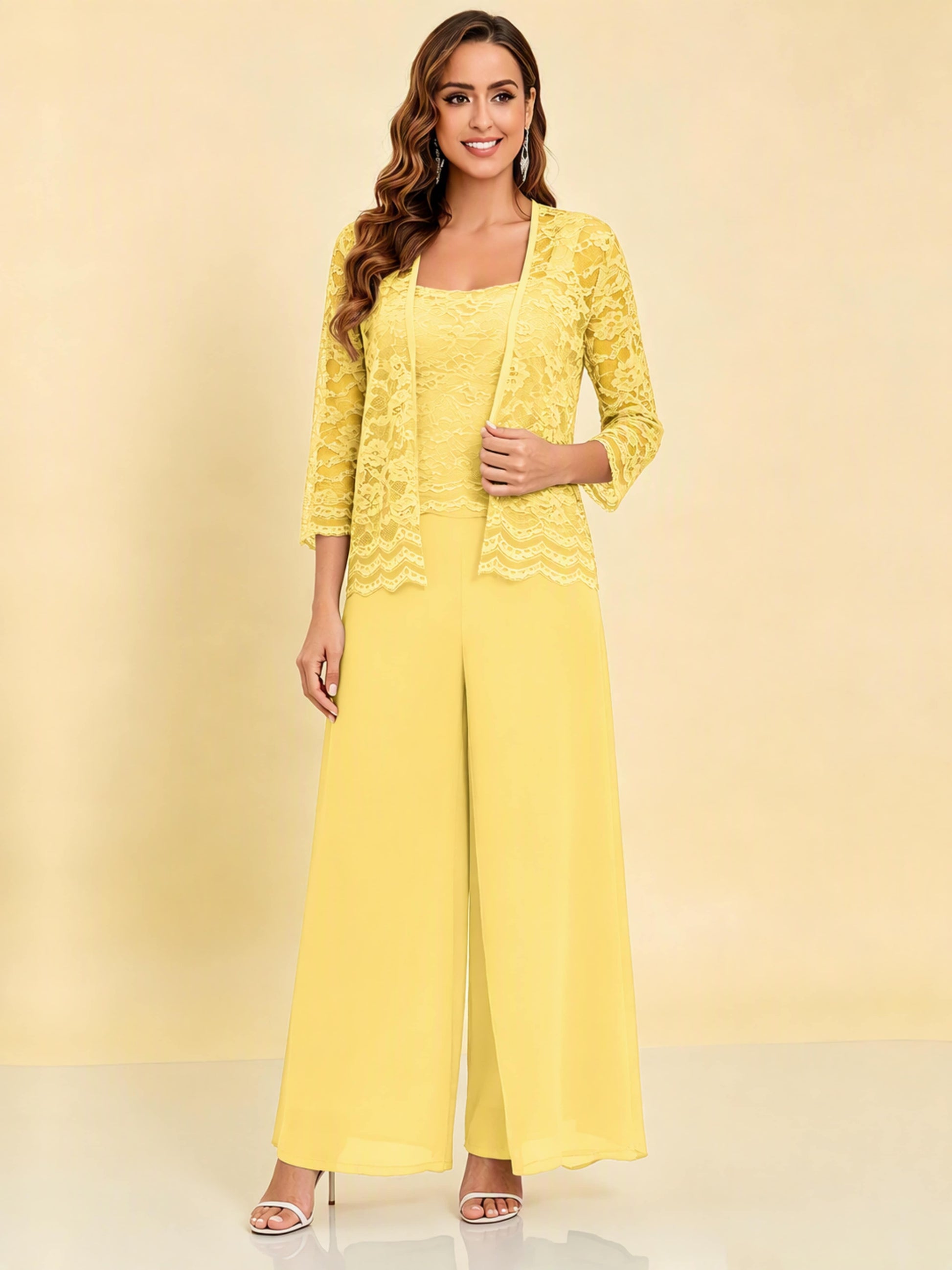 Chiffon Lace Flowy 3 Pieces Mother of The Bride Pant Suits Women Wedding