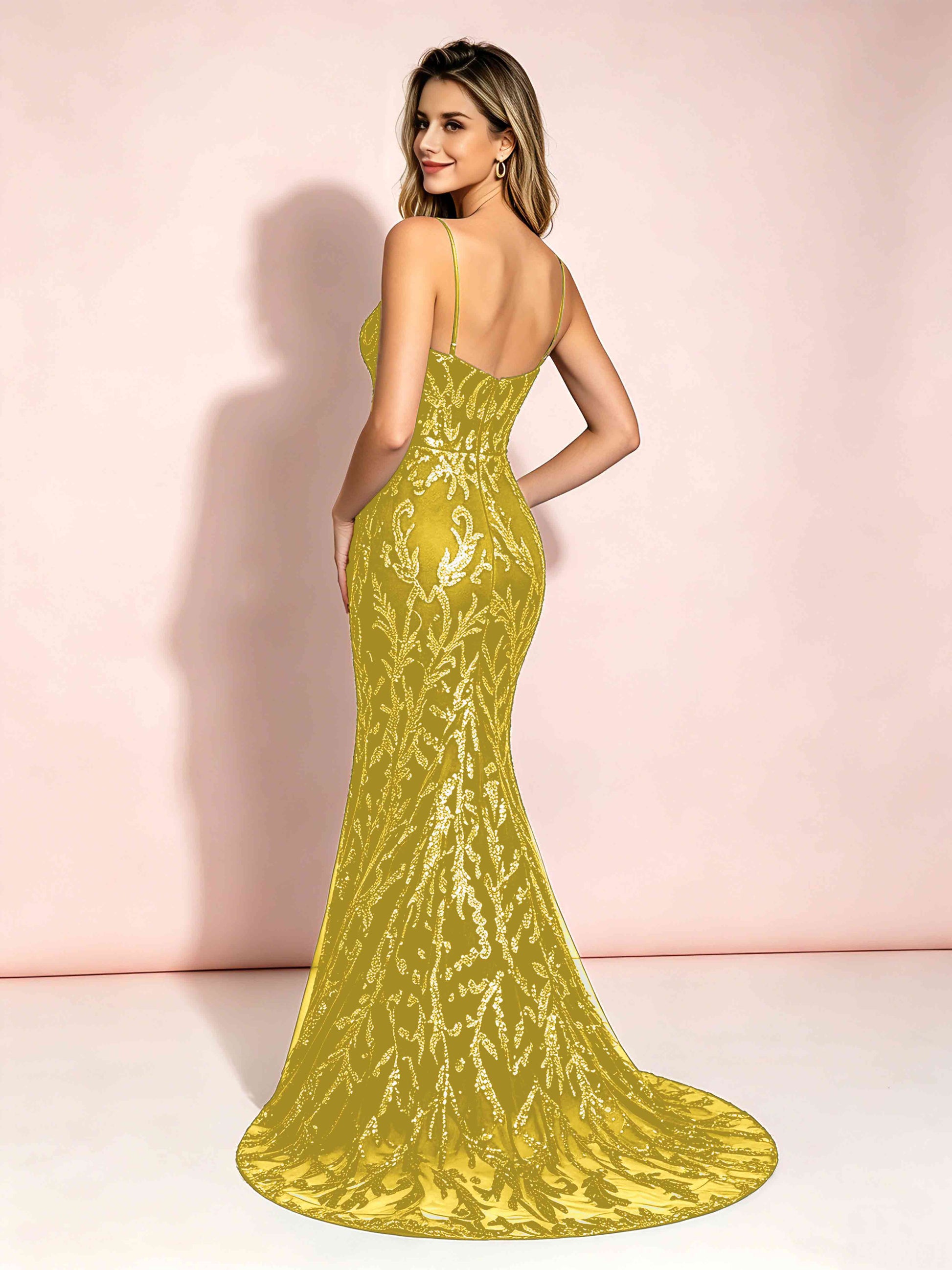 Mermaid V-Neck Sweep Train Sequin Sparkly Prom Dresses with Slit