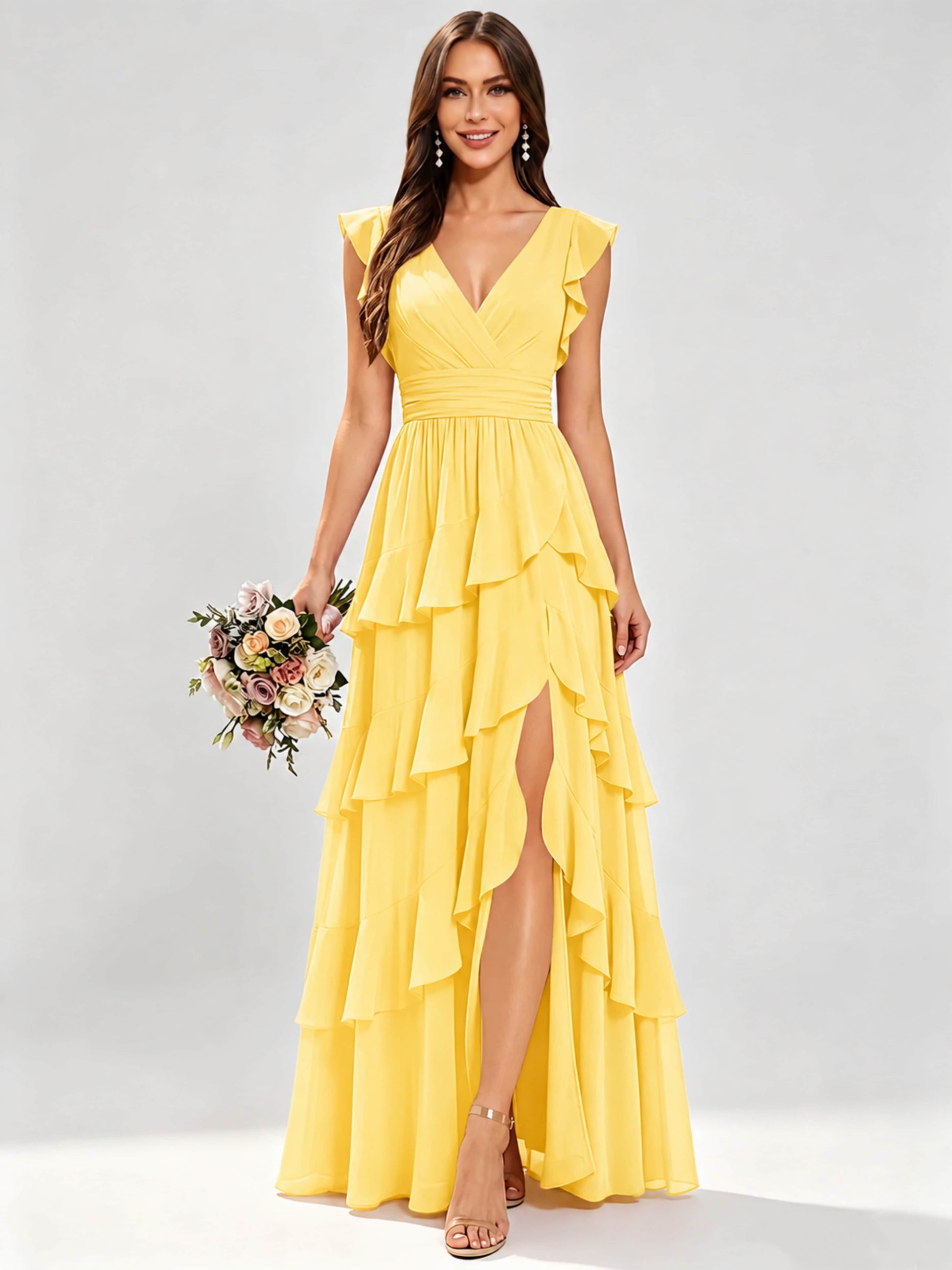 Ruffle Sleeve Tiered Chiffon Bridesmaid Dresses for Wedding with Slit