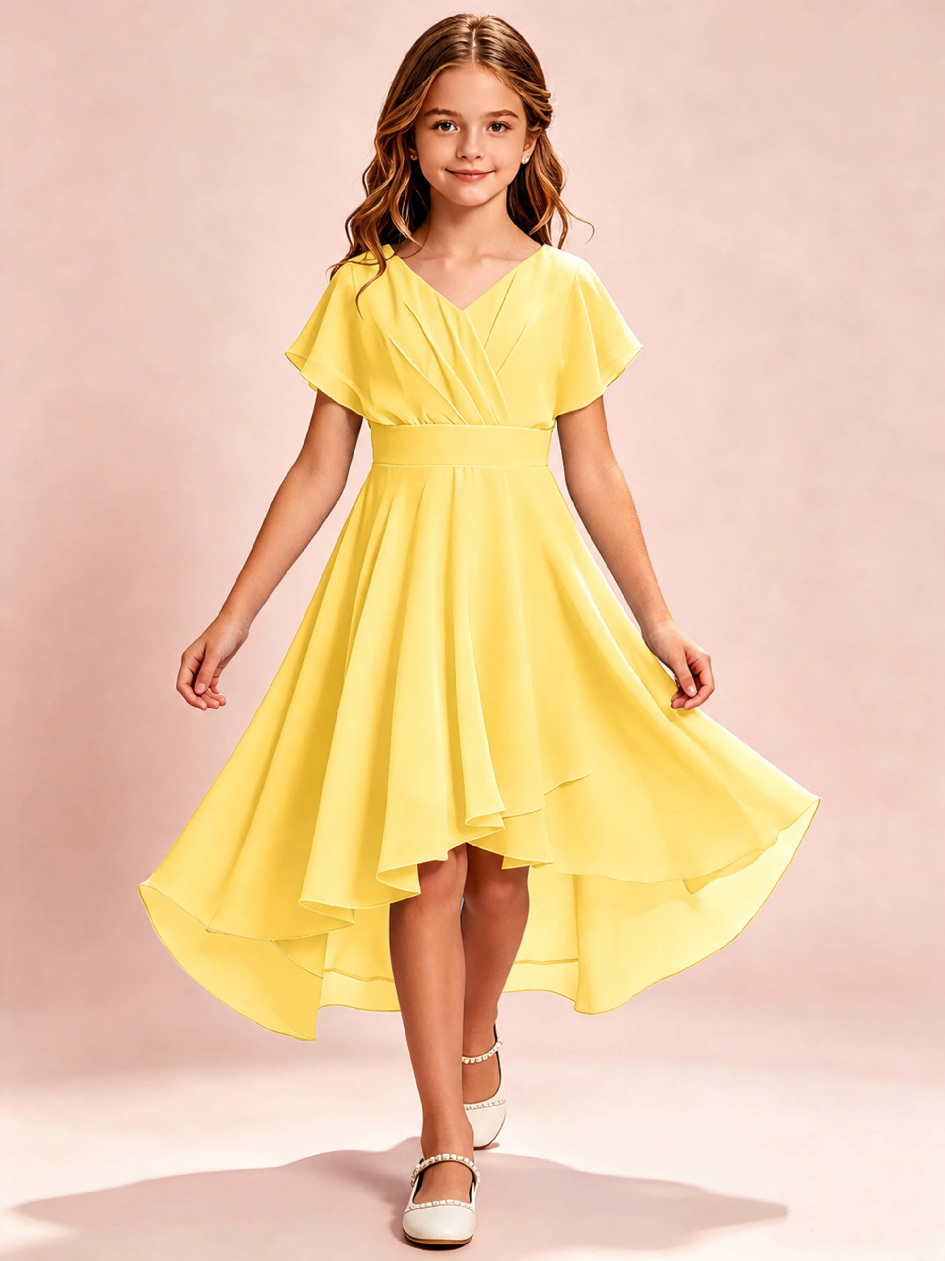 Chiffon High Low Cap Sleeve Junior Bridesmaid Dress for Wedding