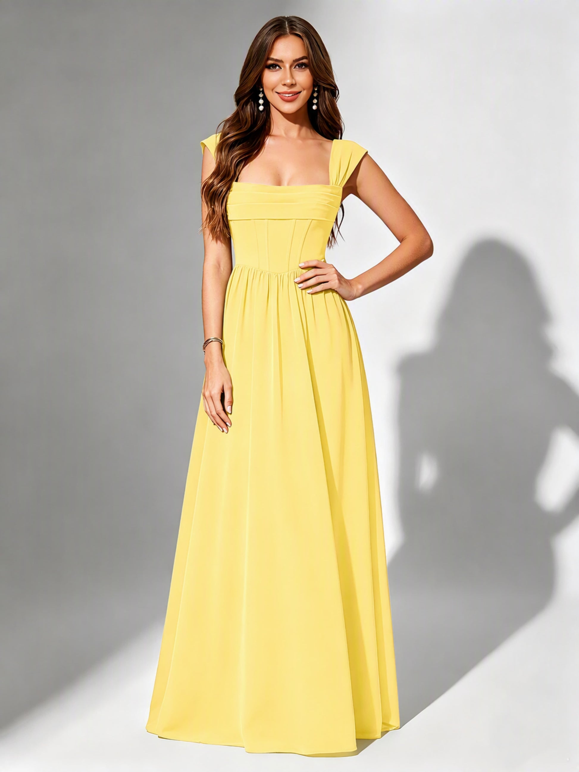 Square Neck Chiffon Bridesmaid Dress Corset Formal Gown