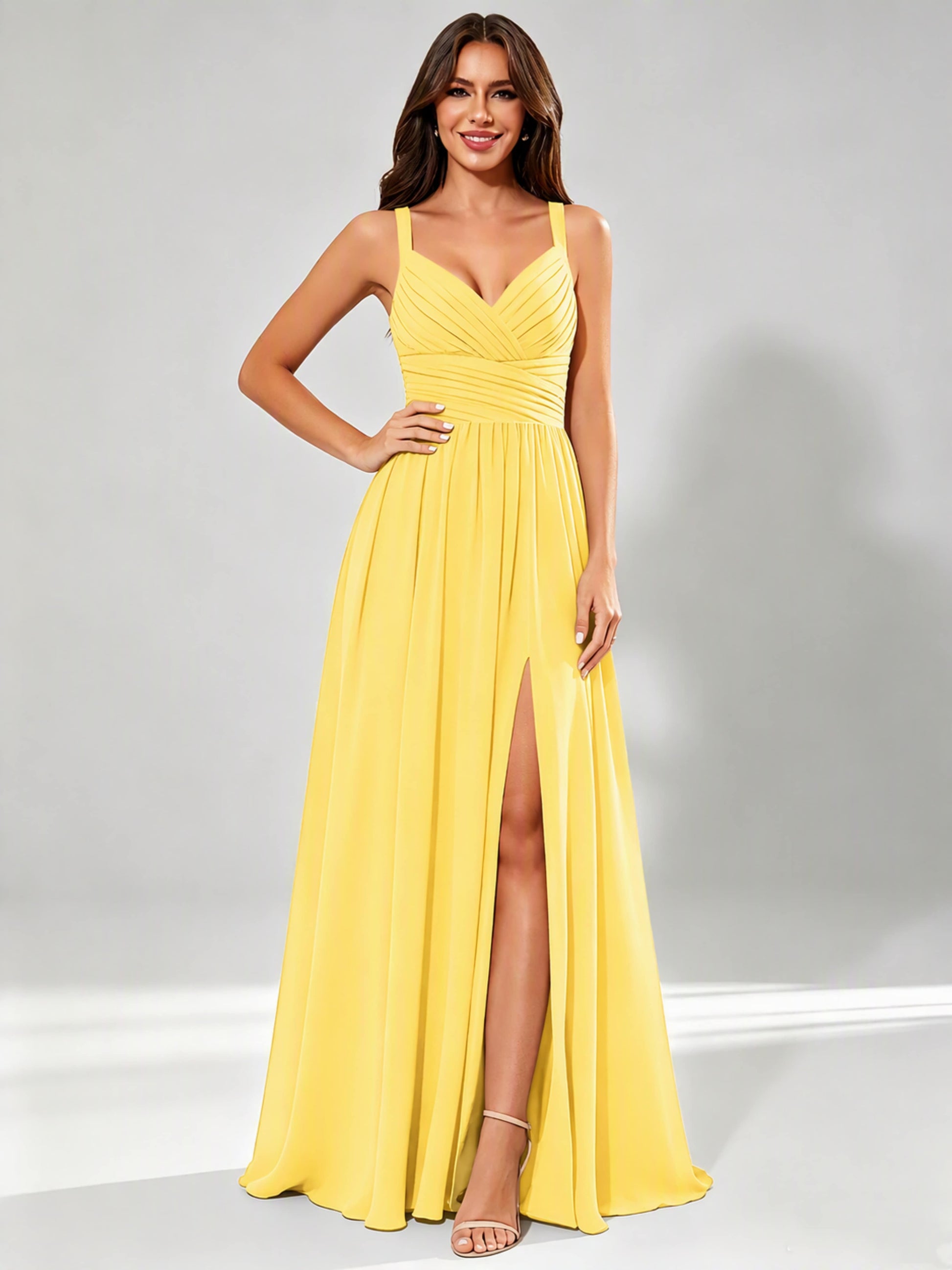Spaghetti Straps Chiffon Ruched Bust Pleated Bridesmaid Dress for Wedding