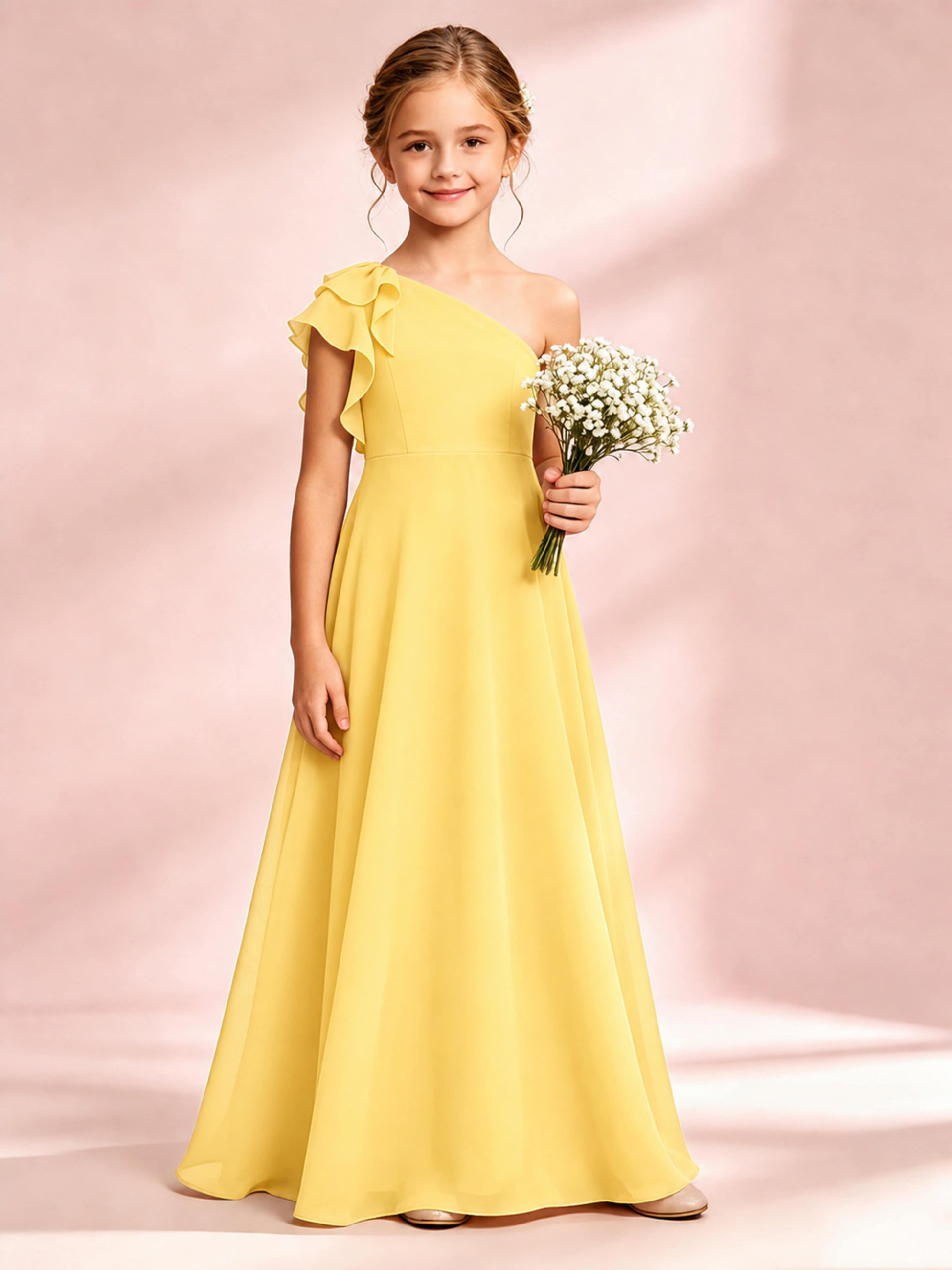 Chiffon Junior Bridesmaid Dress for Wedding One Shoulder Flower Girl Dresses