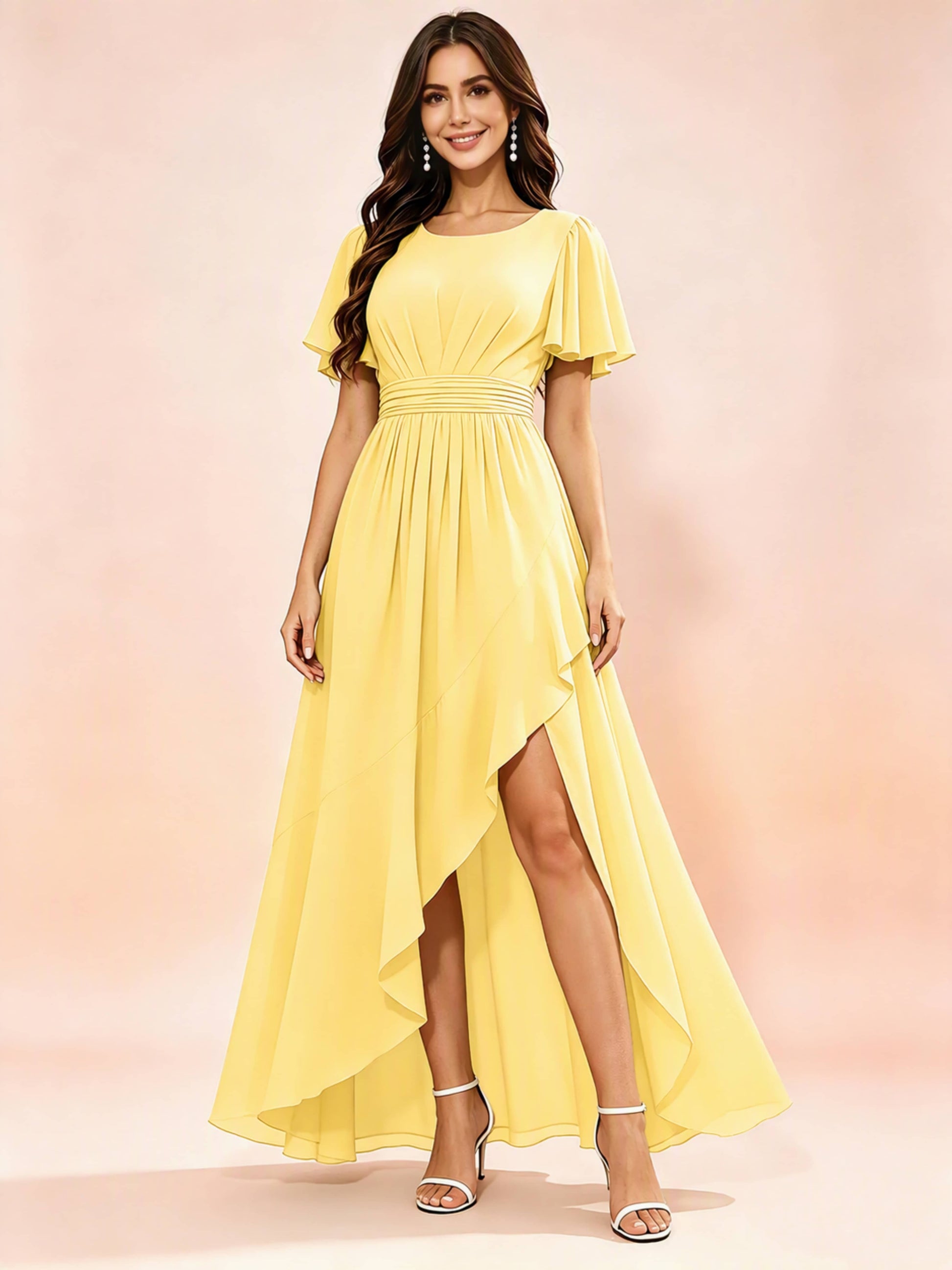 Chiffon High Low Round Neck Bridesmaid / Wedding Guest Dresses
