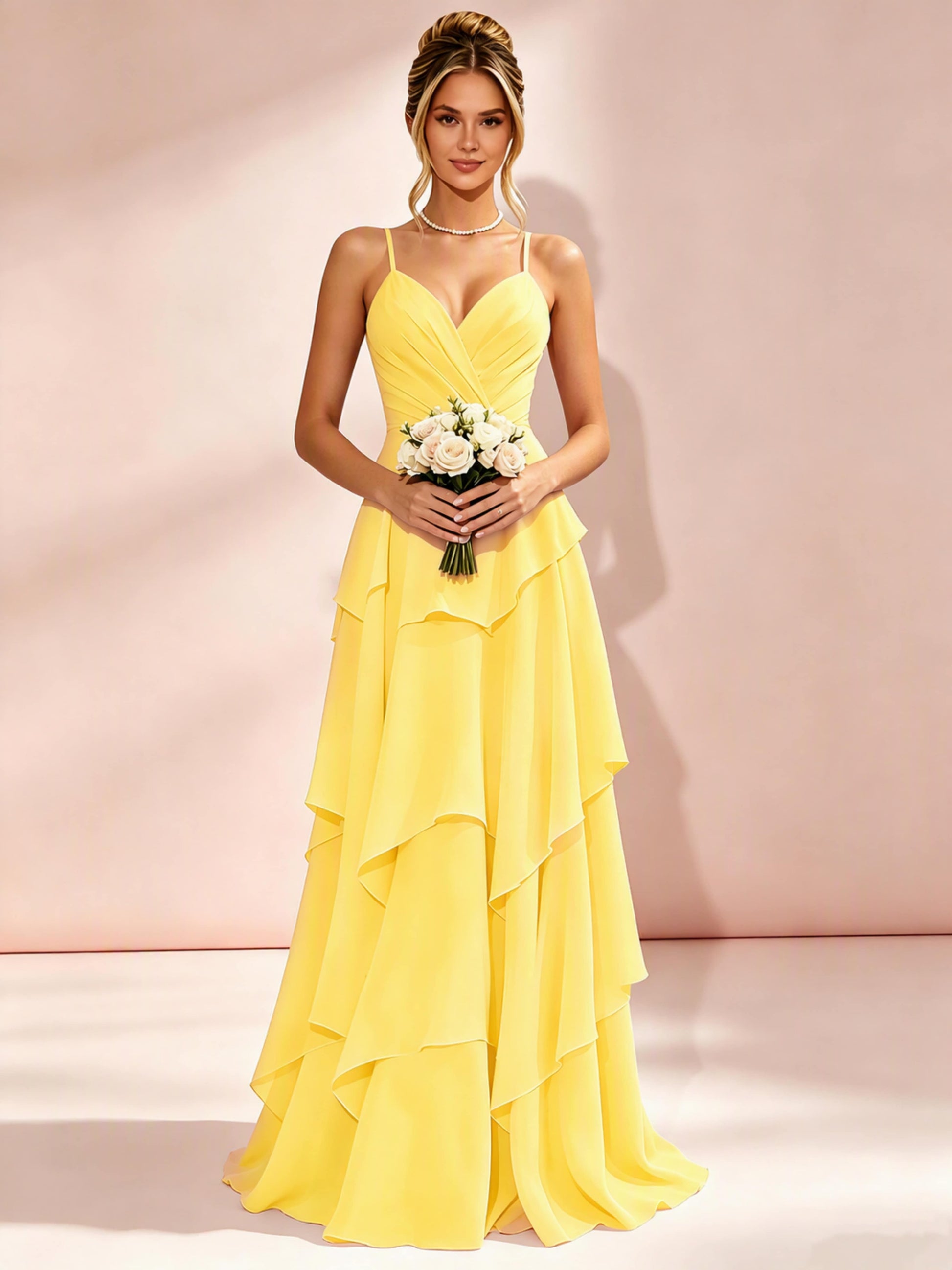 Spaghetti Straps Ruffle Tiered Chiffon Bridesmaid Dress for Wedding