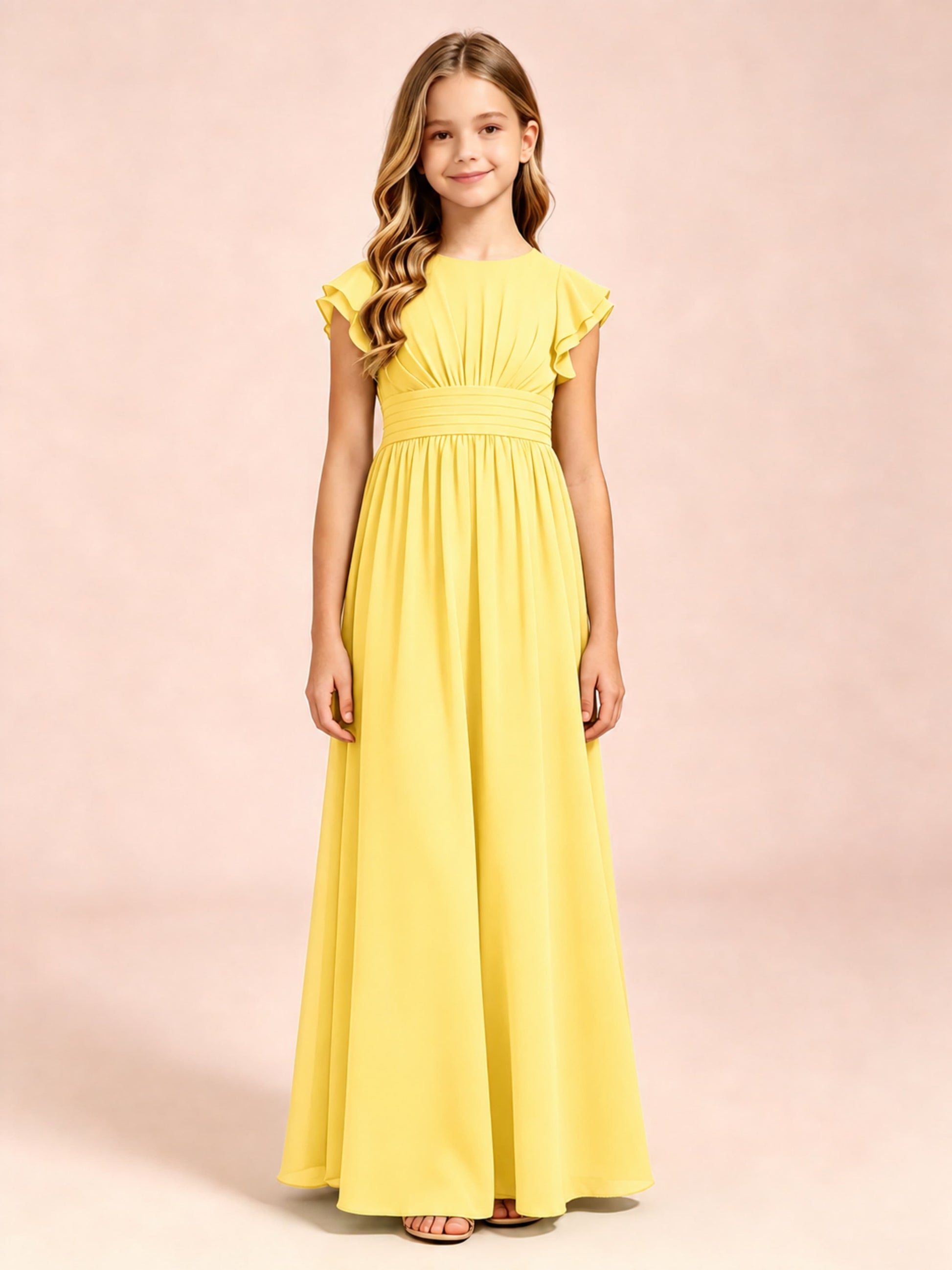 Chiffon Ruffle Cap Sleeve Junior Bridesmaid Dress for Wedding