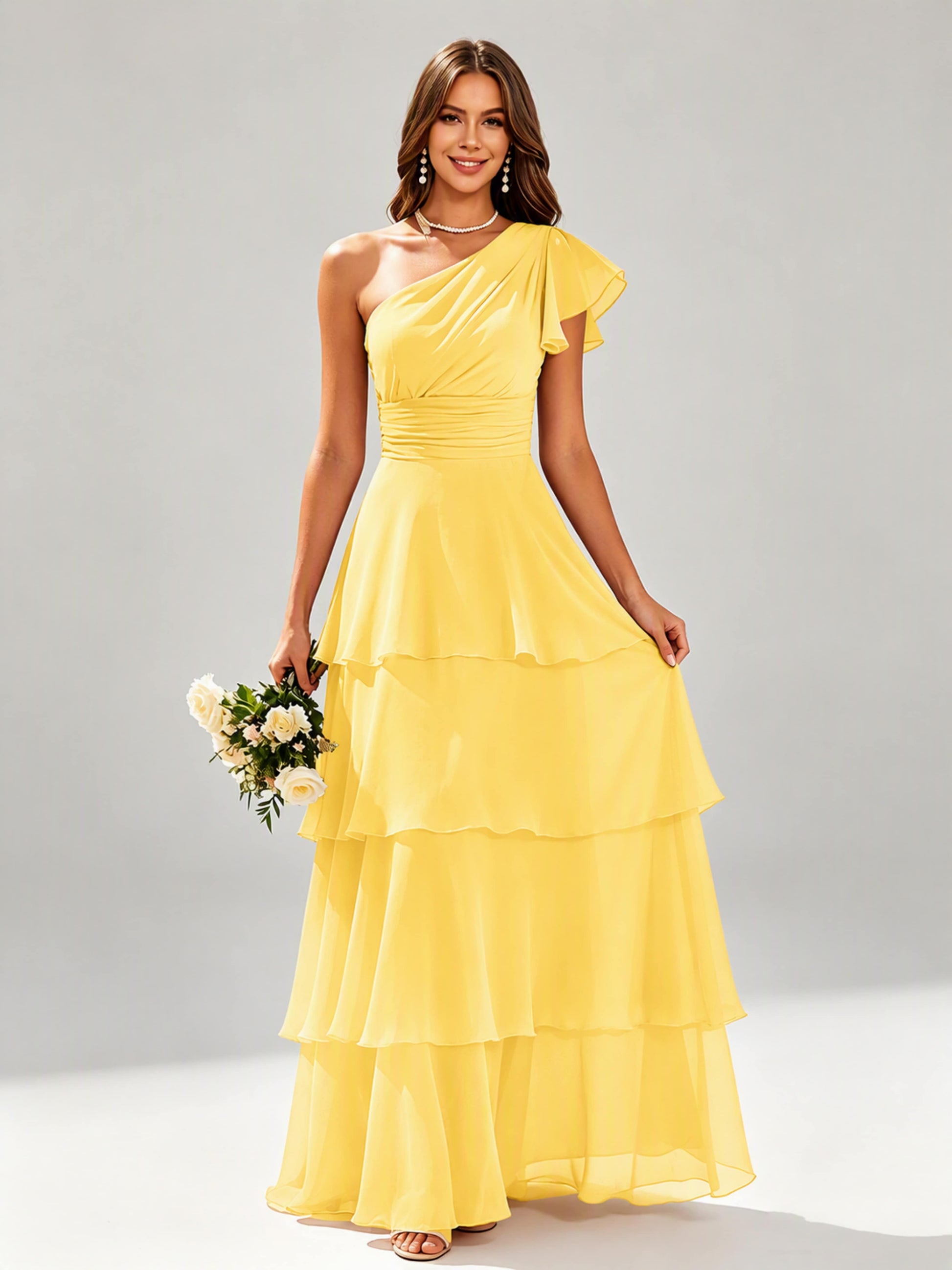 One Shoulder Ruffle Tiered Chiffon Bridesmaid Dress for Wedding