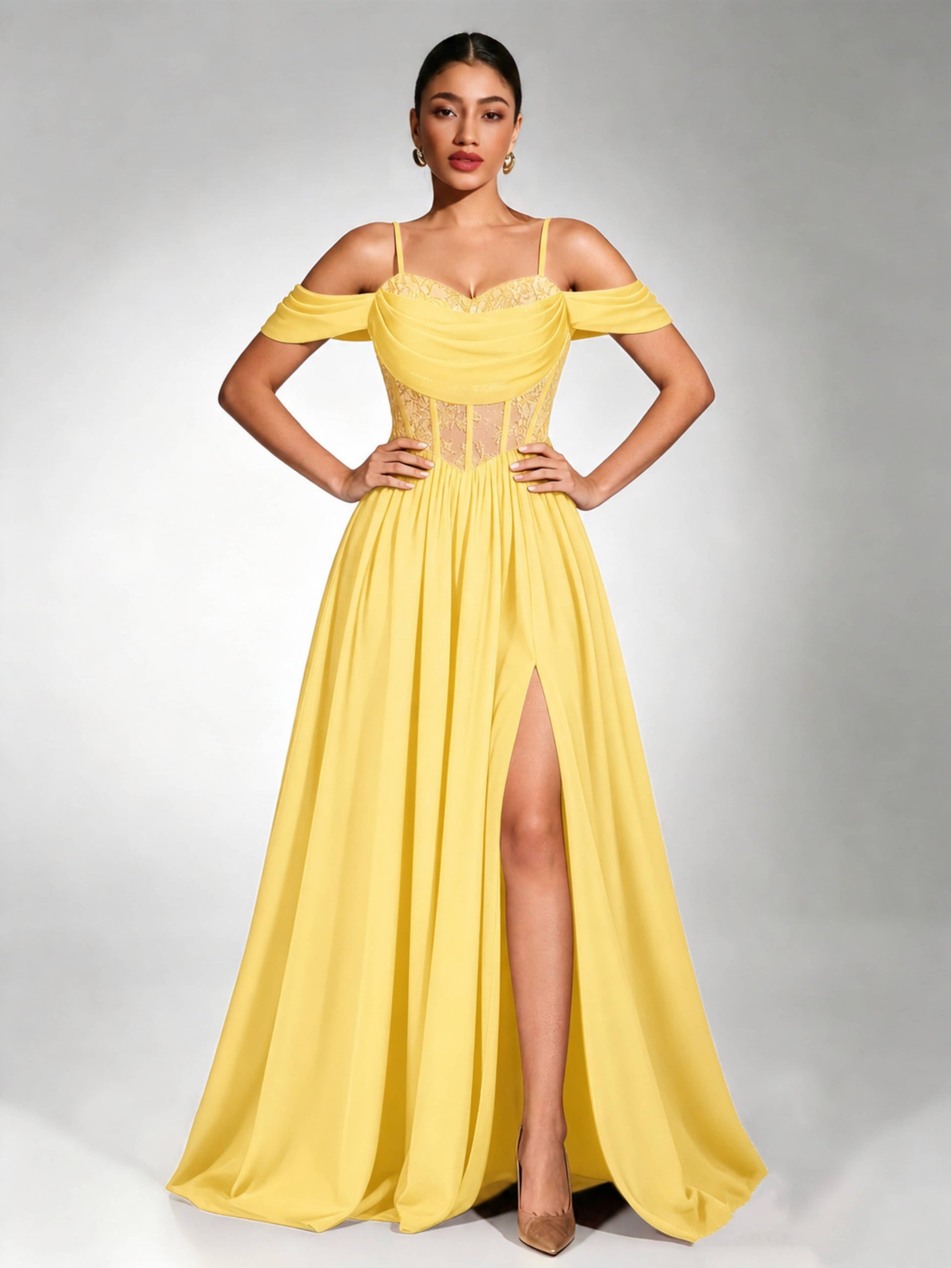 Off Shoulder Chiffon Lace Prom Dress for Teens