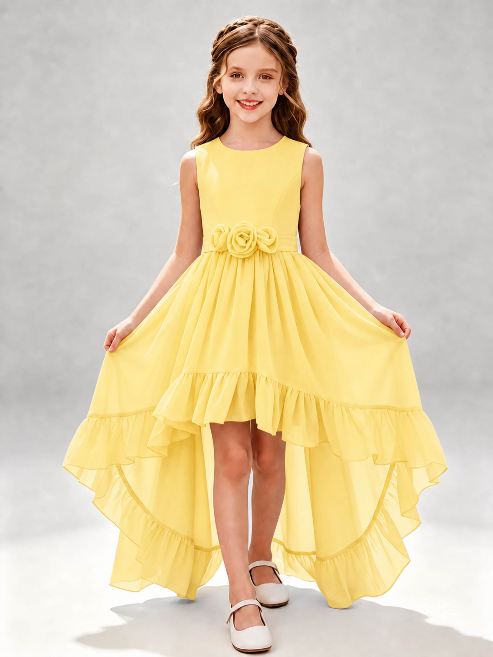 Chiffon 3D Flower High Low Junior Bridesmaid Dresses