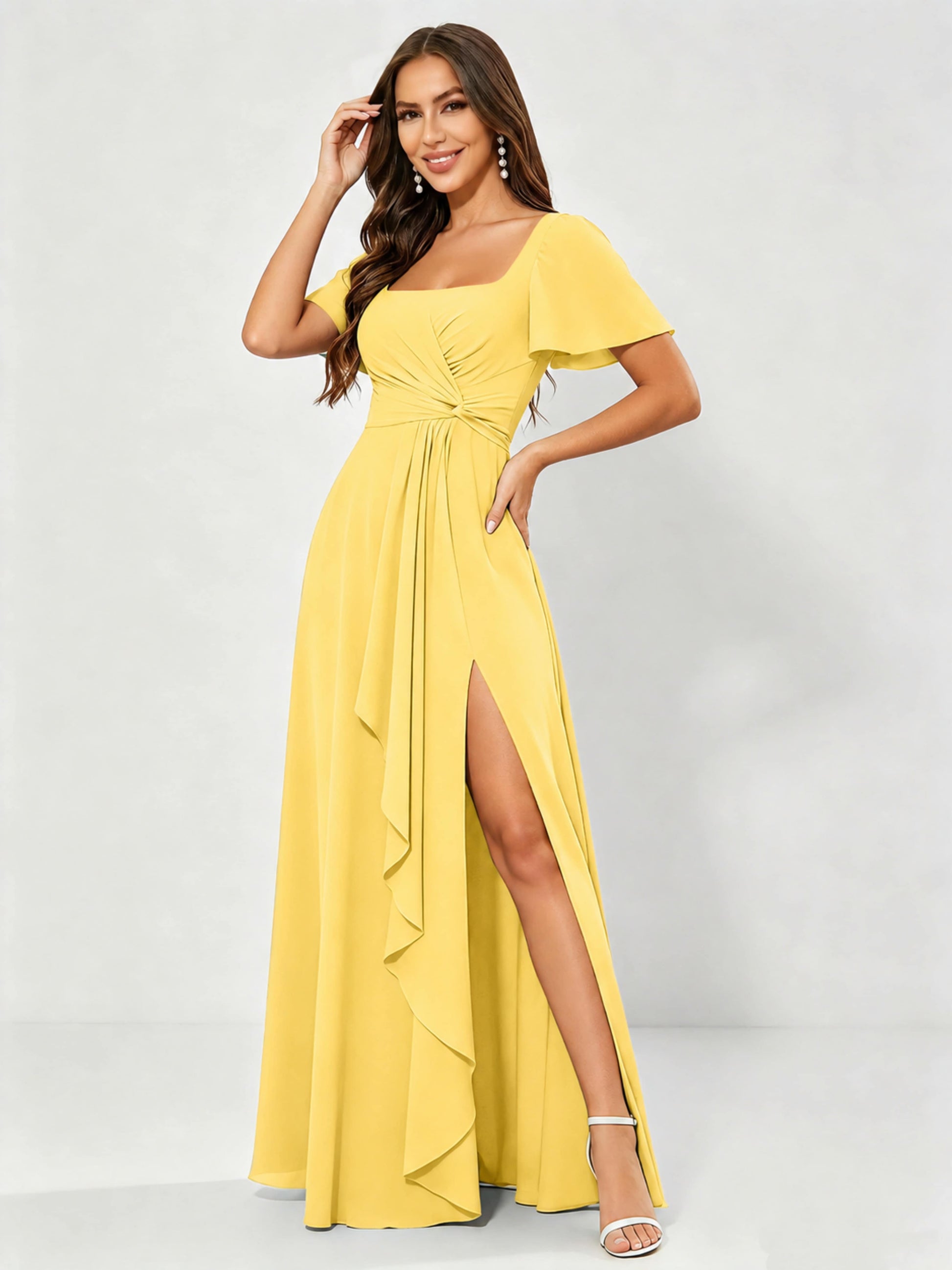 Square Neck Chiffon Ruffle Bridesmaid Dress with Slit