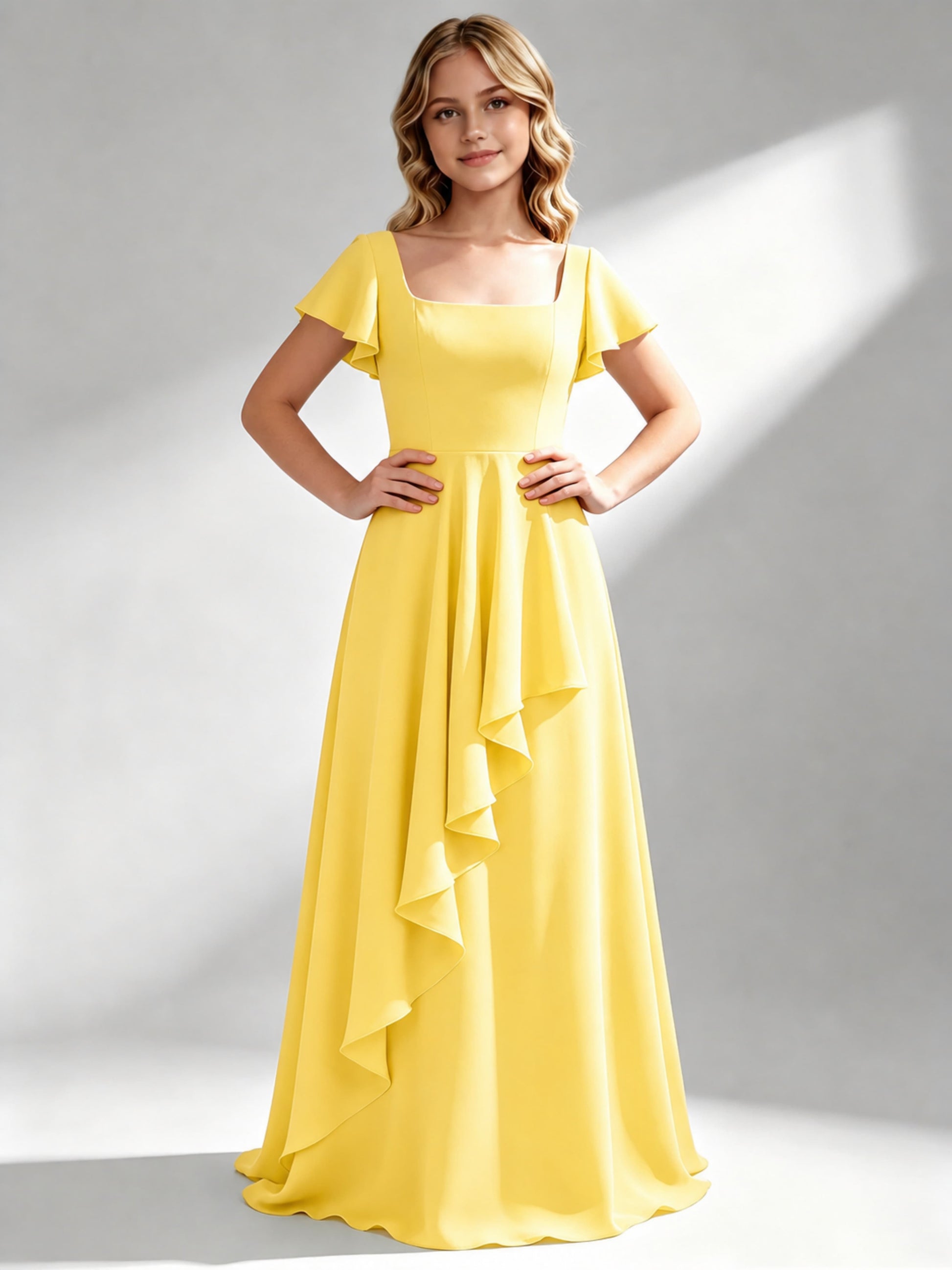 A-Line Square Neck Ruffle Junior Bridesmaid Dresses