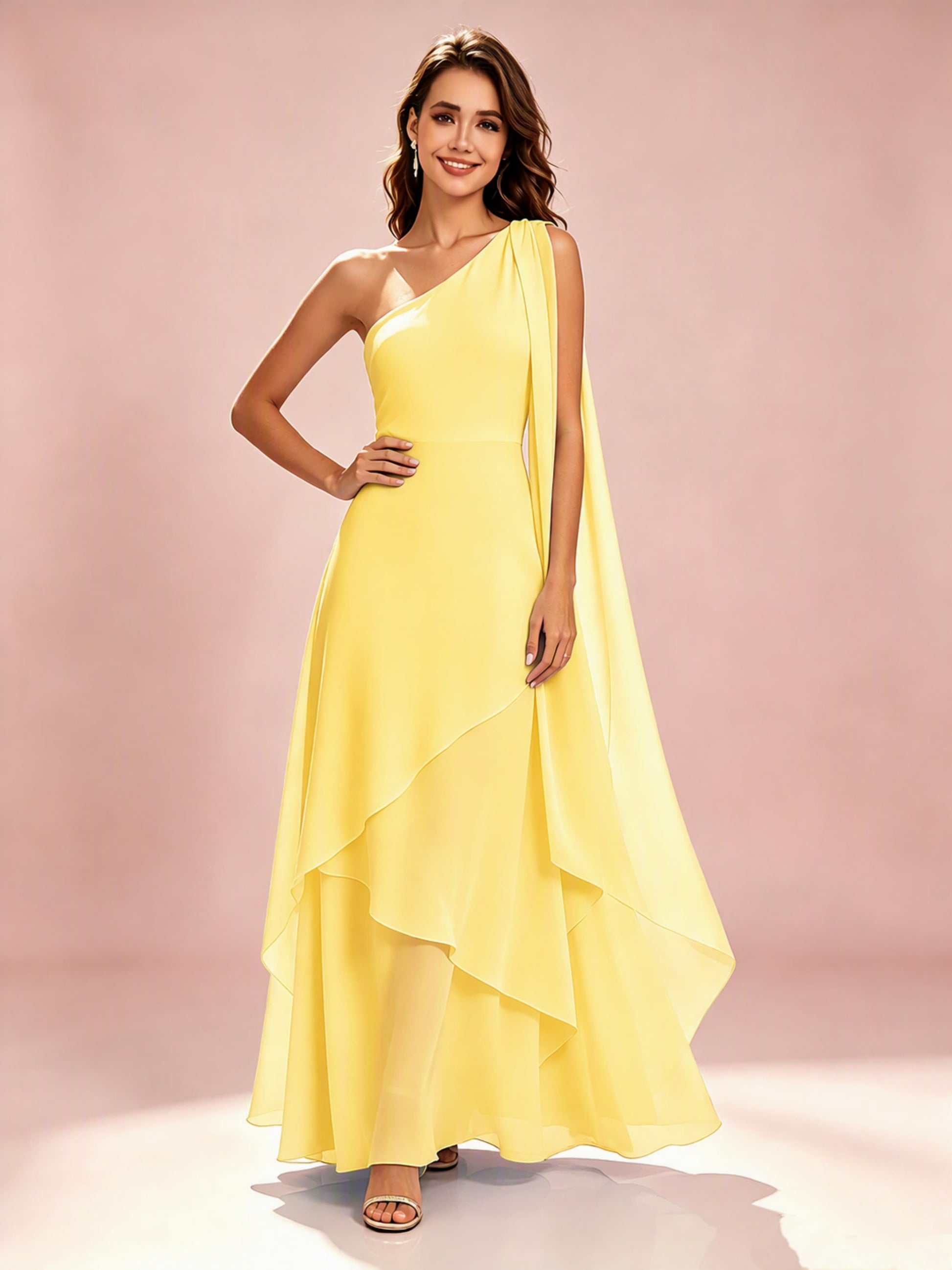 One Shoulder Chiffon Tiered Layered Bridesmaid Dresses for Wedding